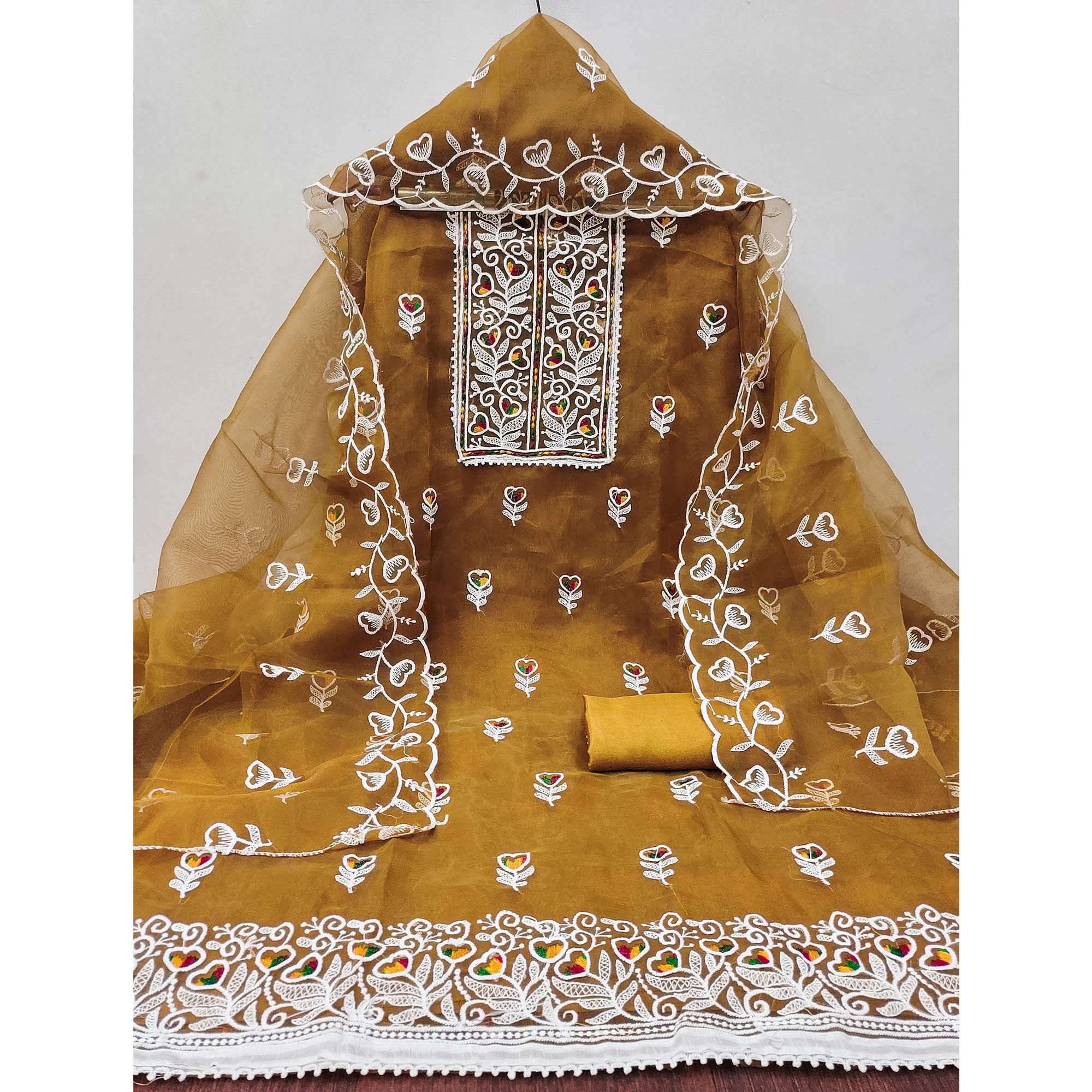 Mustard Organza Dress Material With Intricate Floral Embroidery Work - Image 4