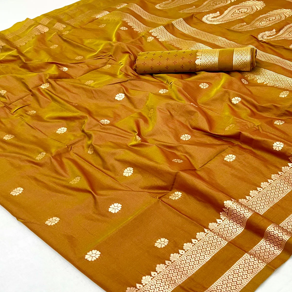 Mustard Ornate Floral Zari Weaving Work Silk Blend Saree With Festive Shine - Image 2