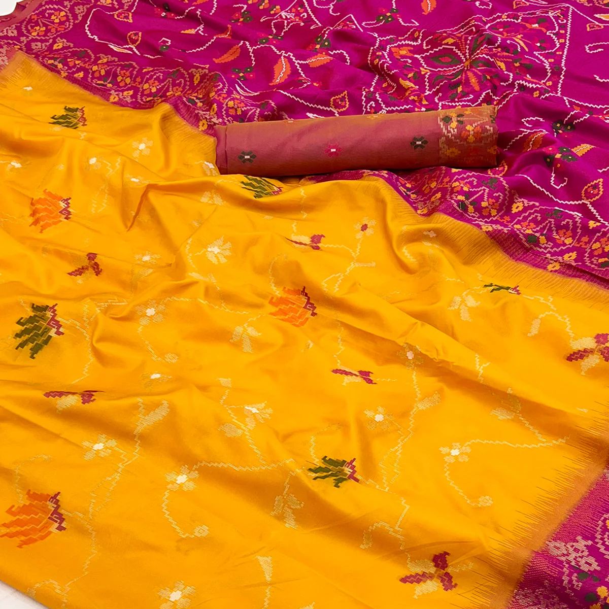 Mustard & Pink Floral Woven Pure Silk Saree - Image 2
