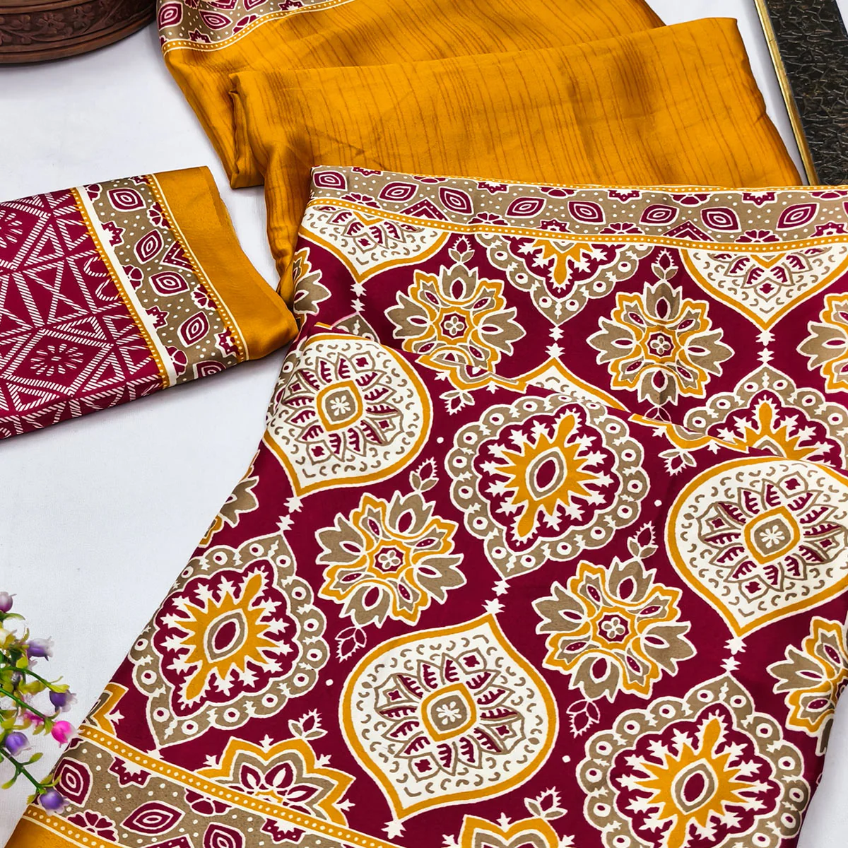Mustard Premium Crepe Silk Lightweight Saree Adorned with Classic Ajrakh Patterns - Image 2