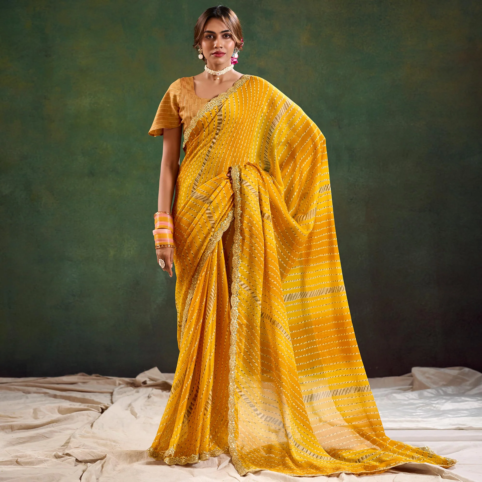 Mustard Printed Chiffon Saree With Sequins Border - Image 2