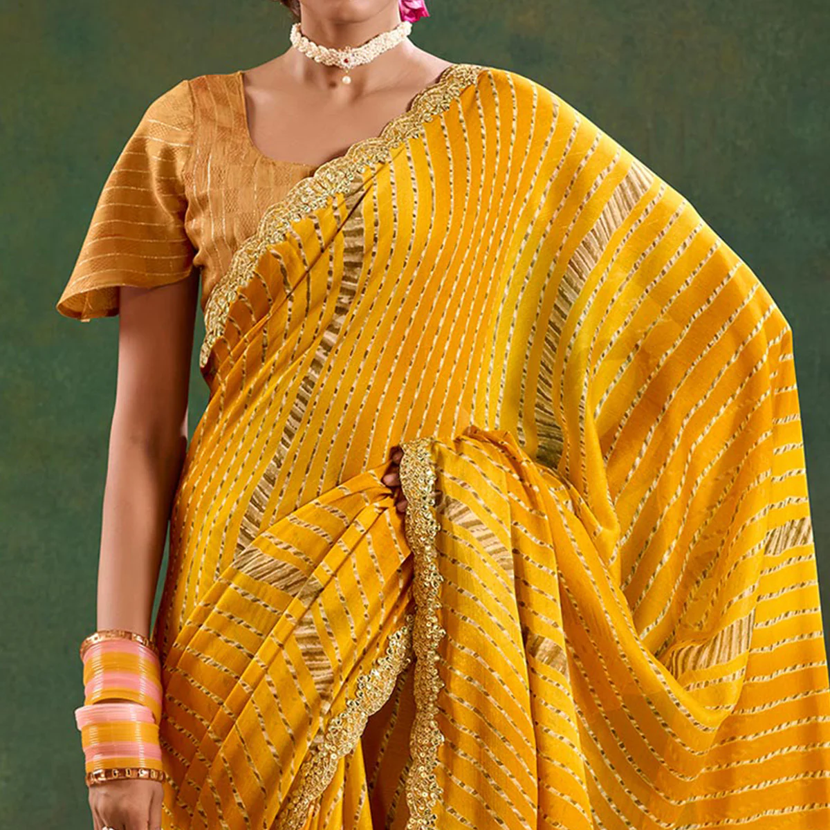 Mustard Printed Chiffon Saree With Sequins Border - Image 3