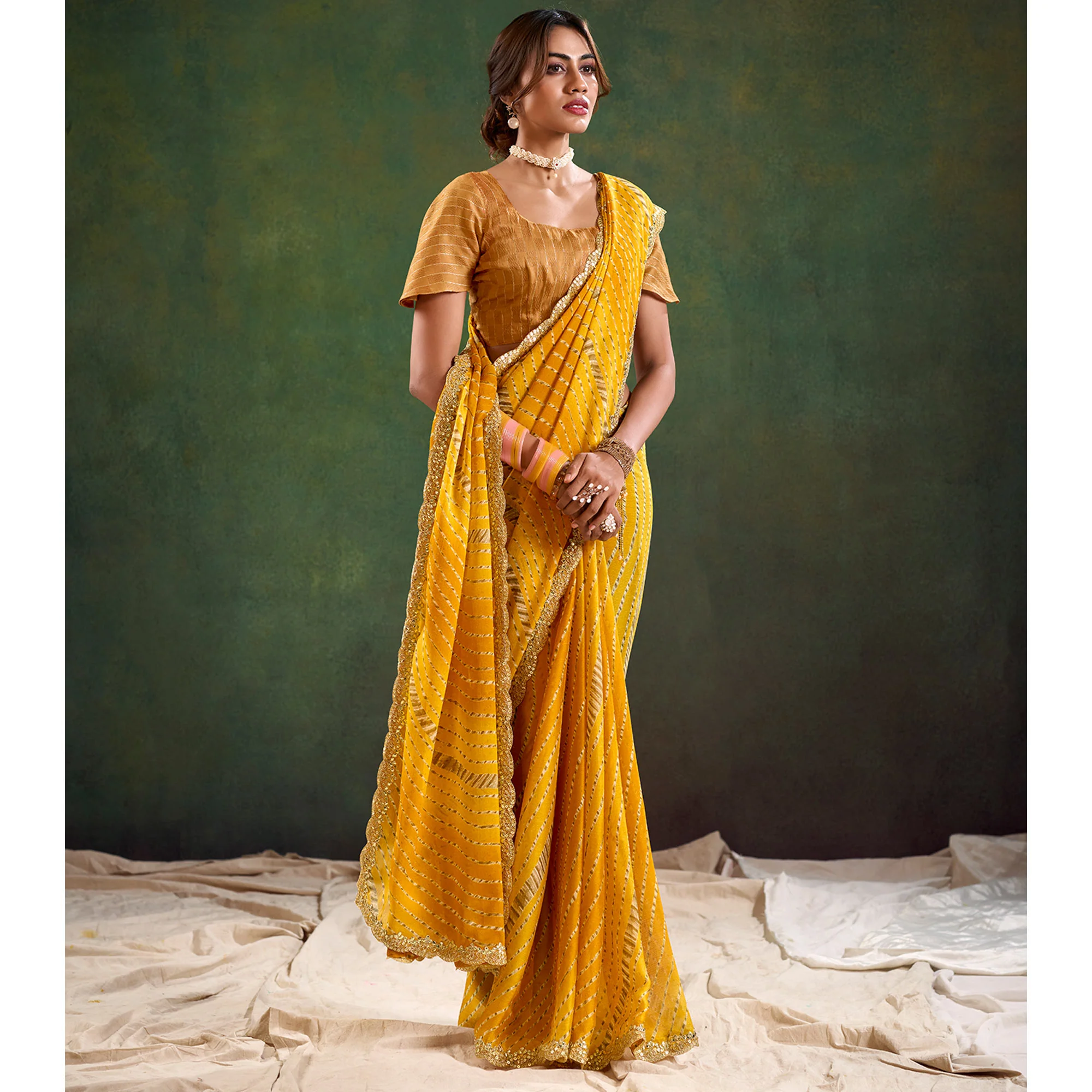 Mustard Printed Chiffon Saree With Sequins Border - Image 4