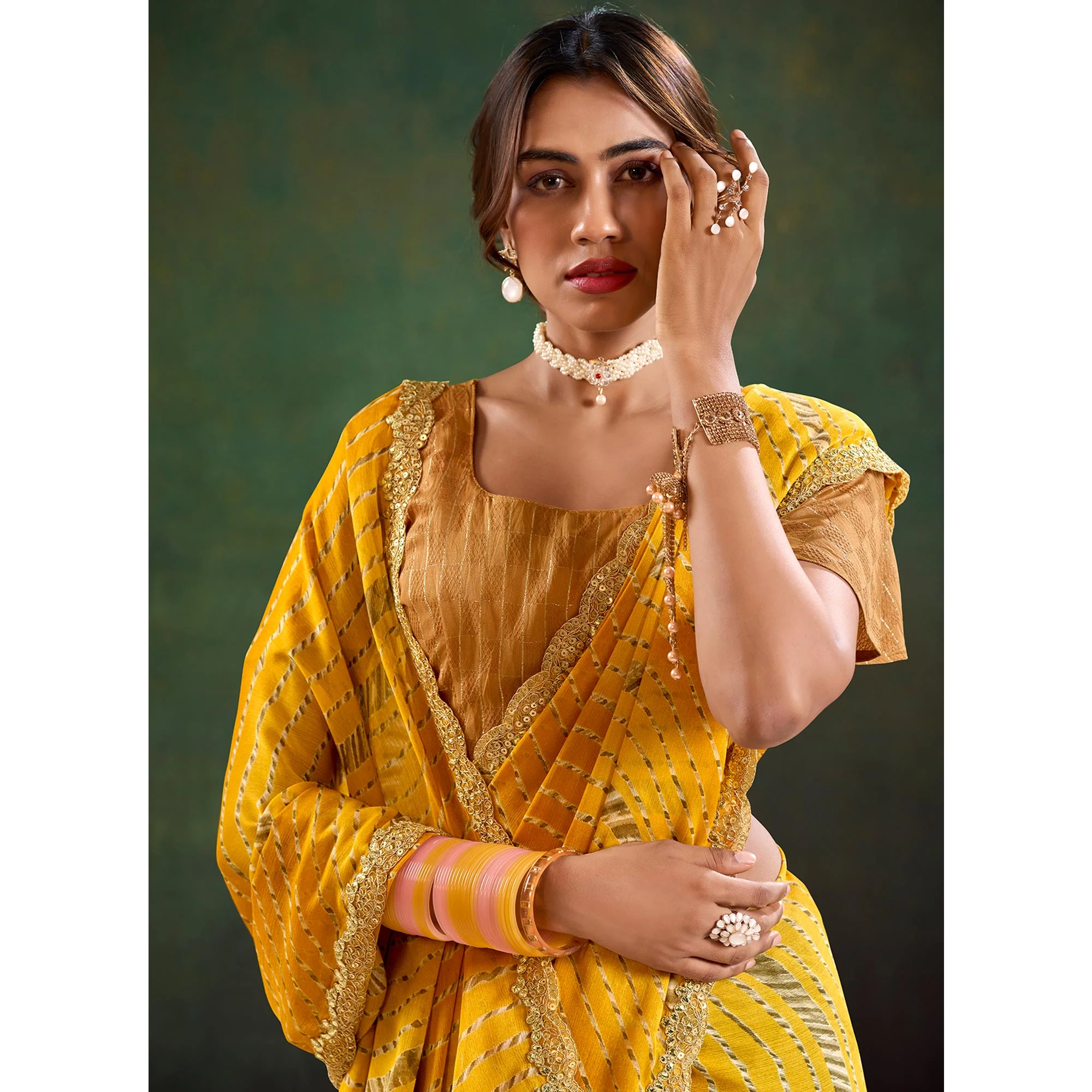 Mustard Printed Chiffon Saree With Sequins Border - Image 5