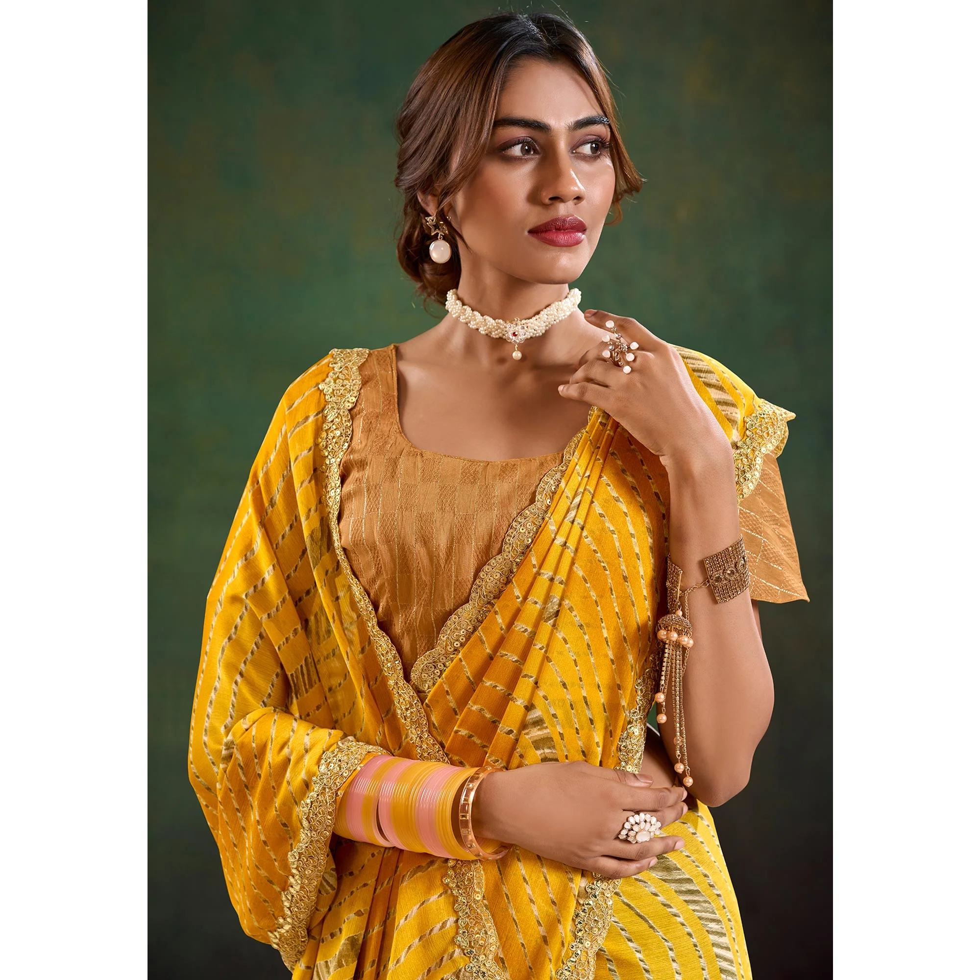 Mustard Printed Chiffon Saree With Sequins Border - Image 6
