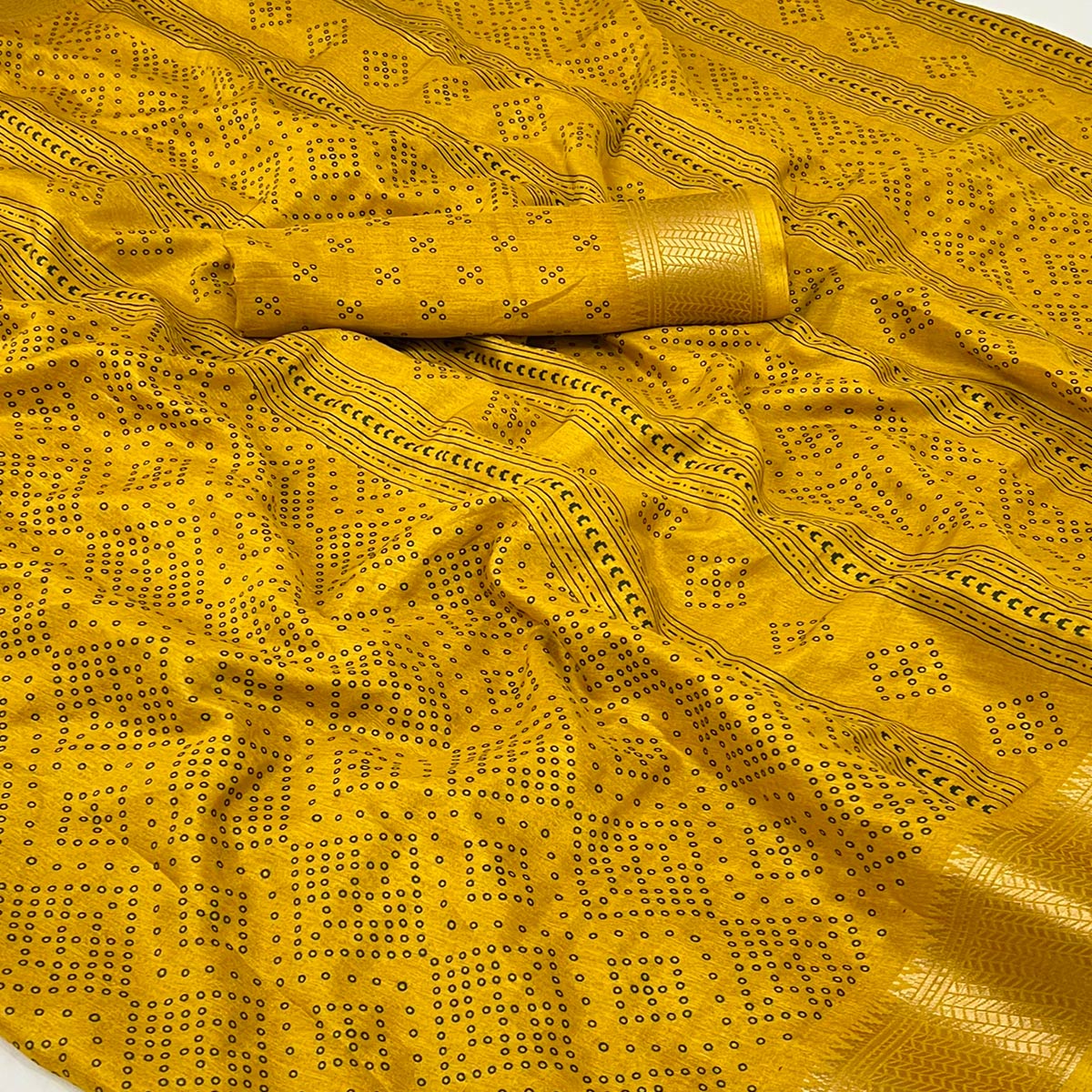 Mustard Printed Dola Silk Saree With Jacquard Border - Image 2
