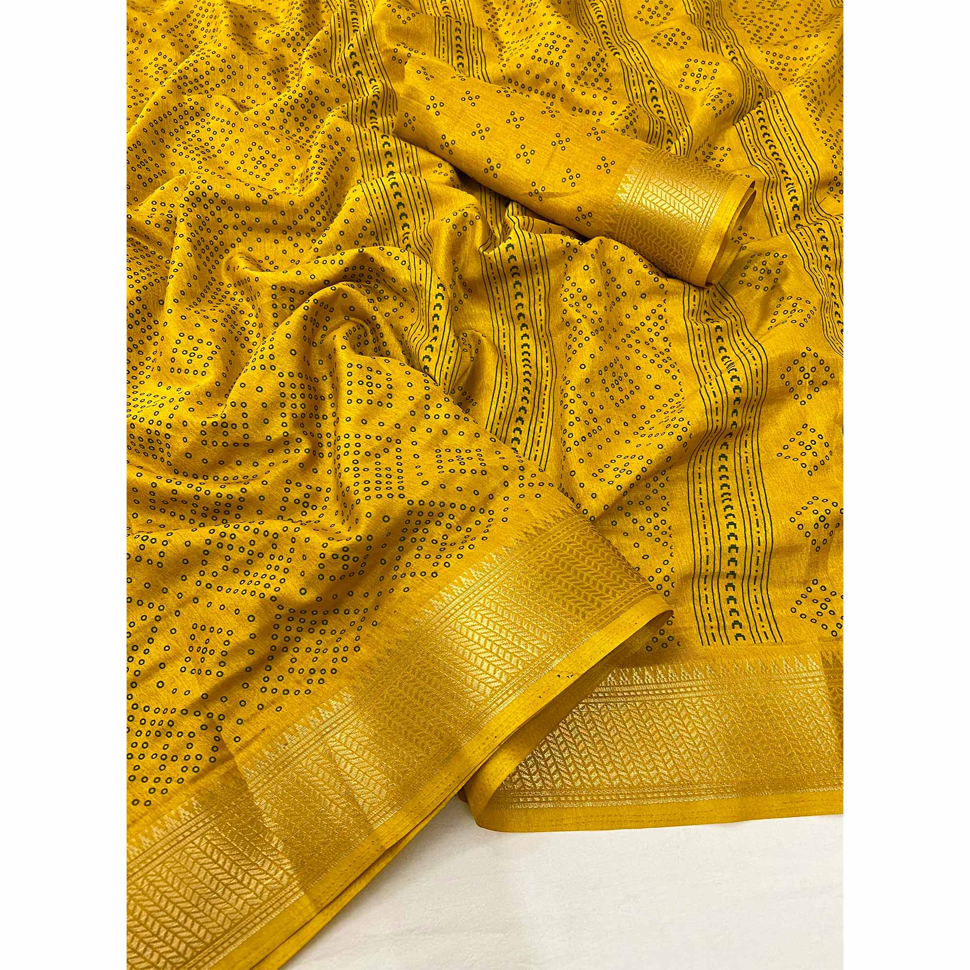 Mustard Printed Dola Silk Saree With Jacquard Border - Image 3