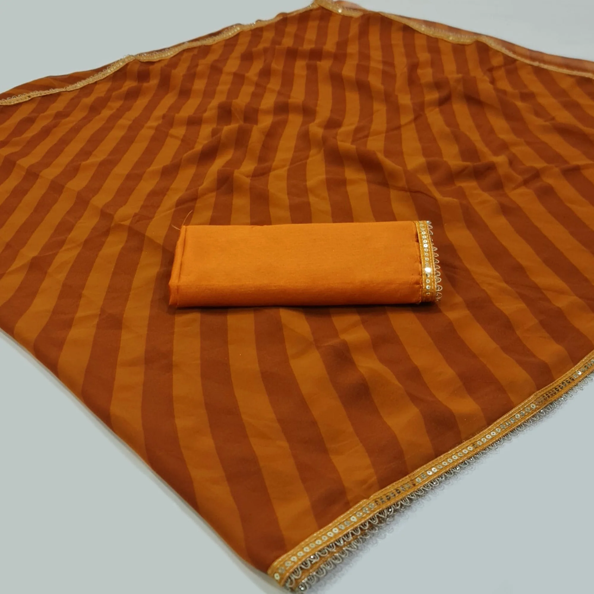 Mustard Printed Georgette Saree With Lace Border - Image 3
