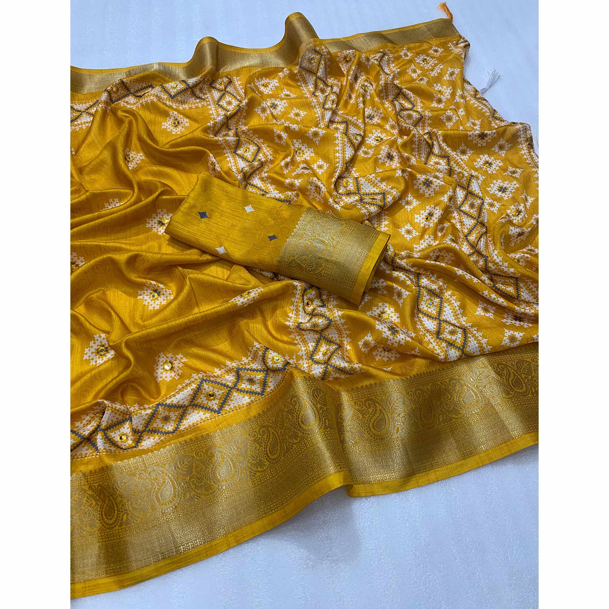 Mustard Printed With Mirror Work Crepe Saree With Tassels - Image 3