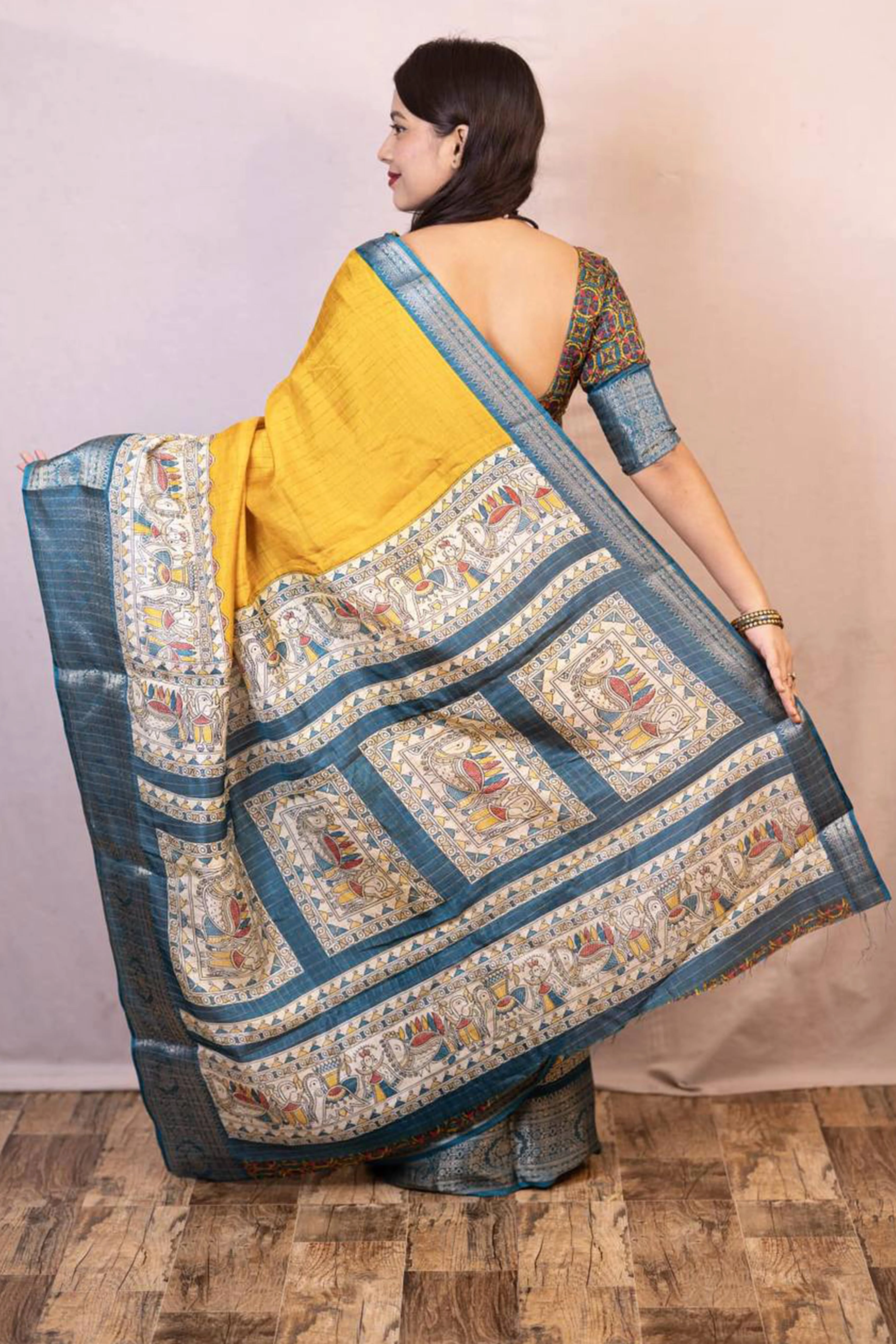 Mustard Printed With Zari Checks Dola Silk Saree - Image 3