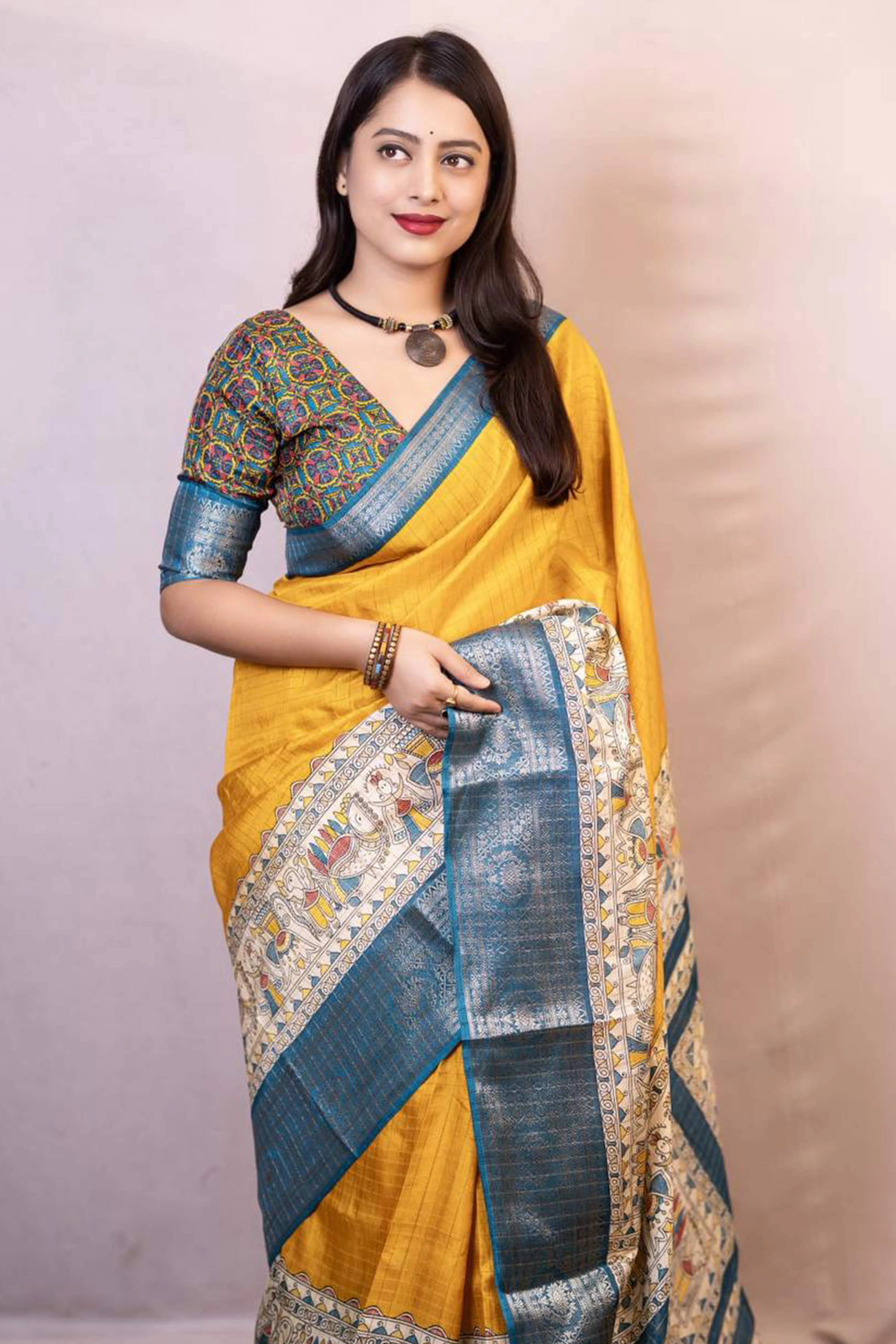 Mustard Printed With Zari Checks Dola Silk Saree - Image 4