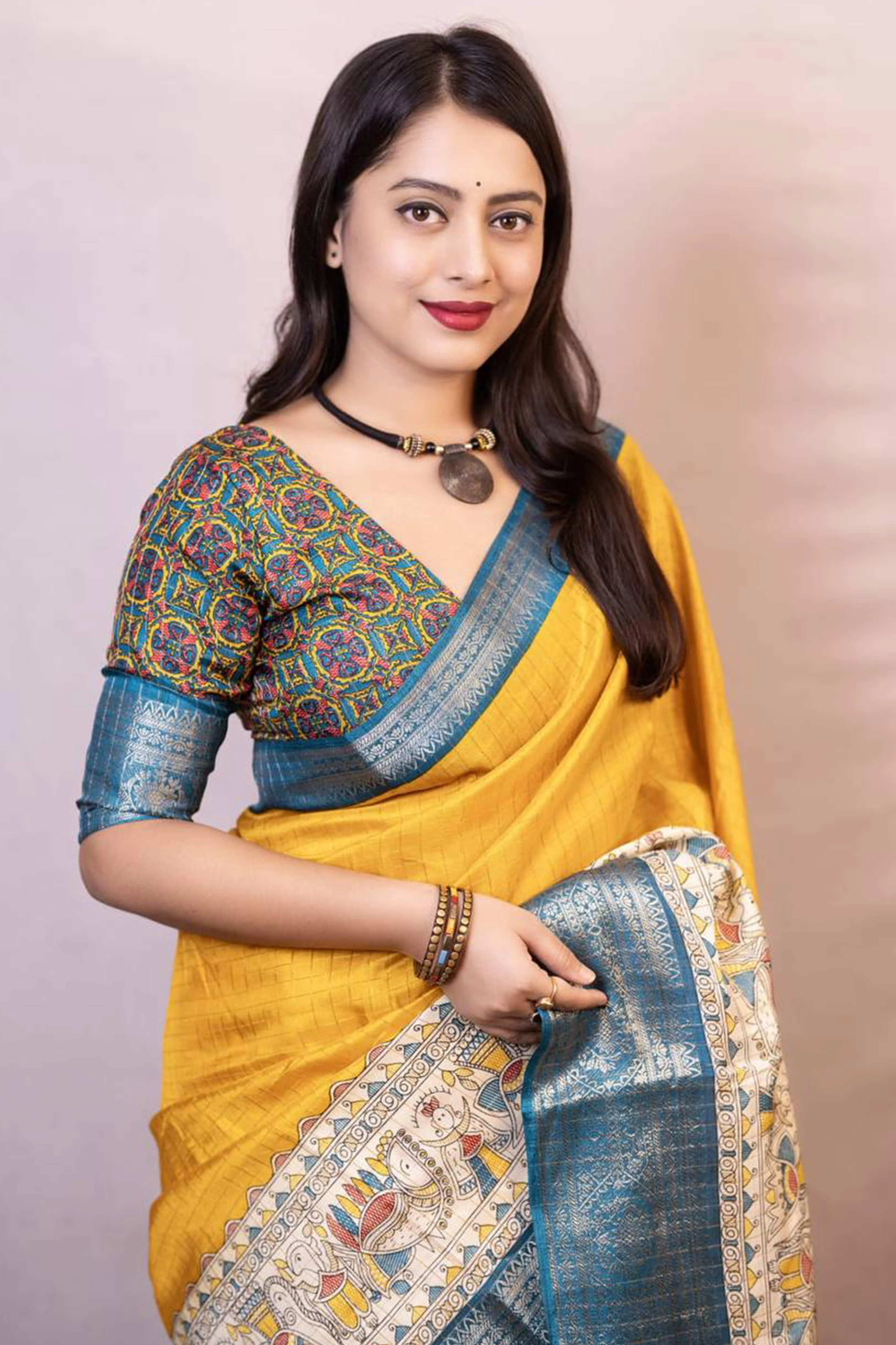 Mustard Printed With Zari Checks Dola Silk Saree - Image 5