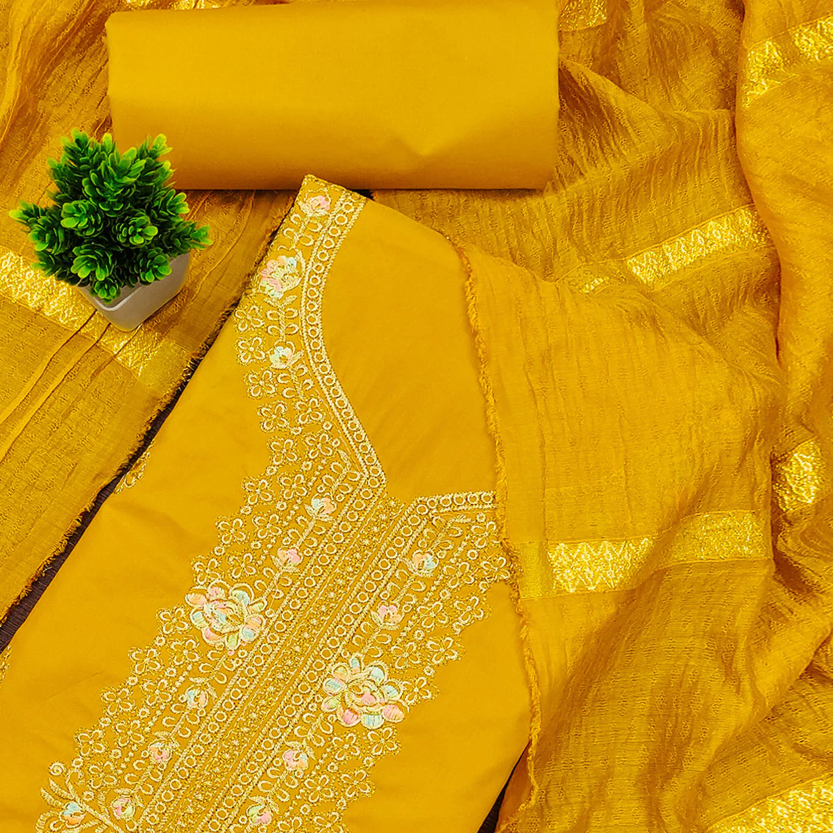 Mustard Pure Cotton Dress Material with Elegant Embroidery - Image 2