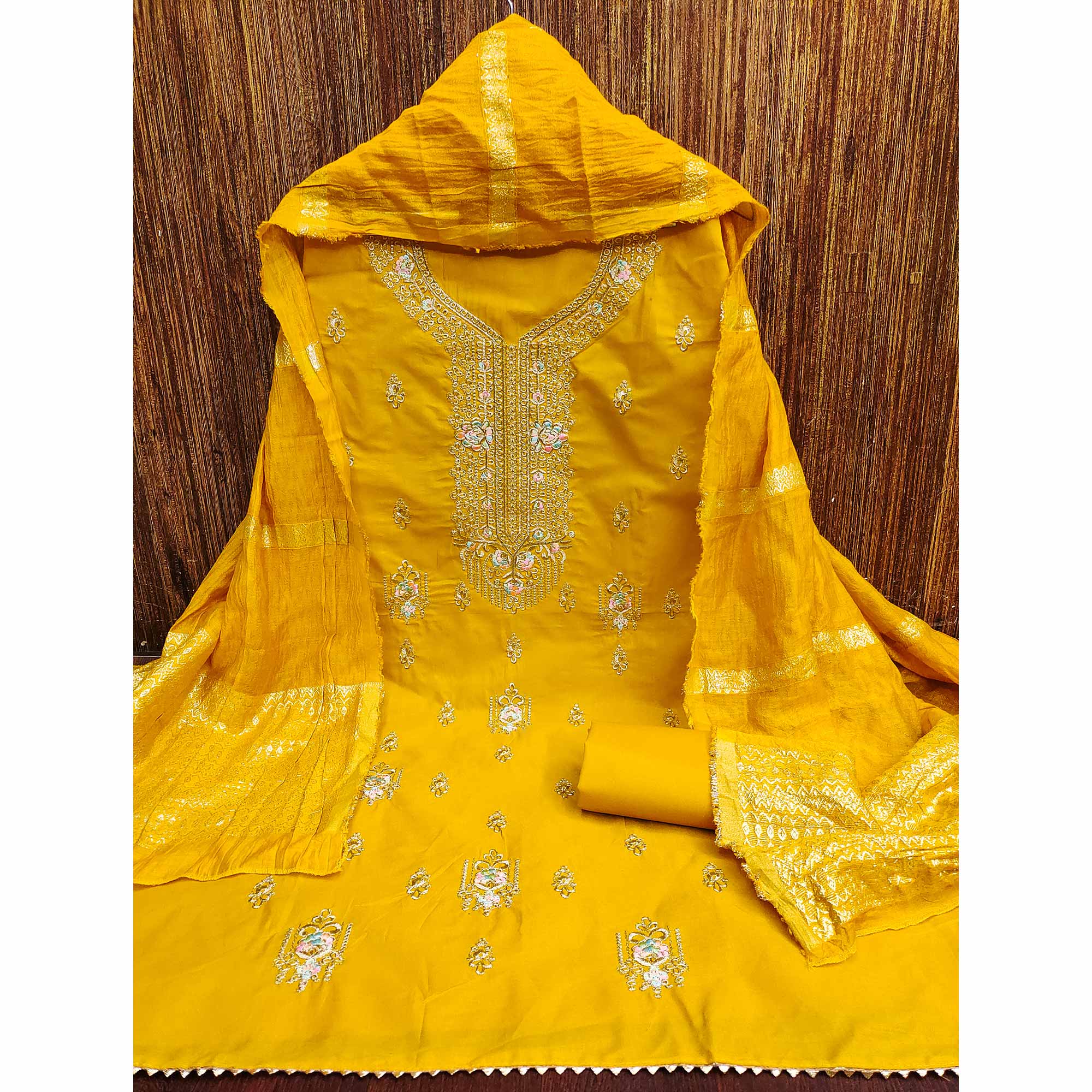 Mustard Pure Cotton Dress Material with Elegant Embroidery - Image 3