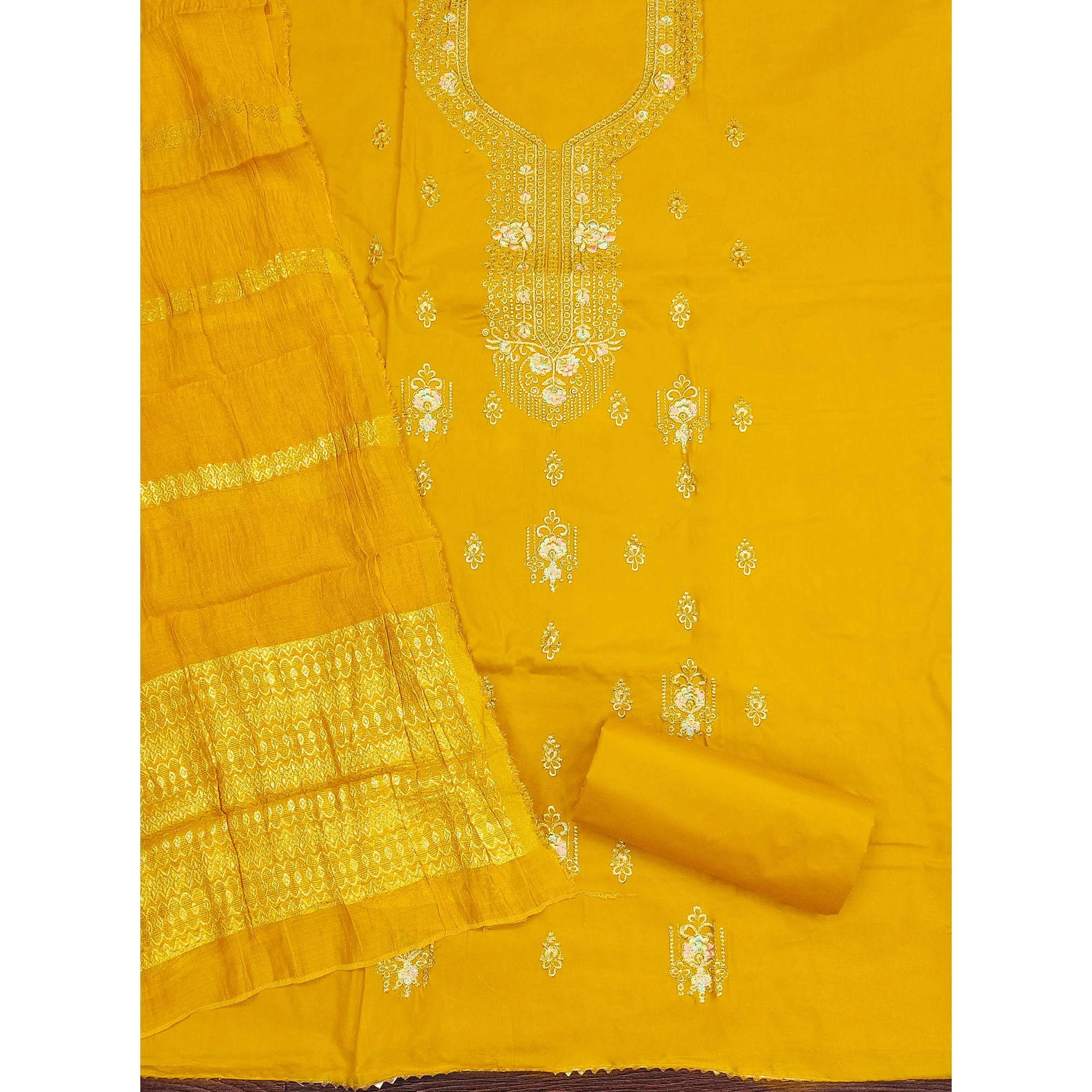 Mustard Pure Cotton Dress Material with Elegant Embroidery - Image 4