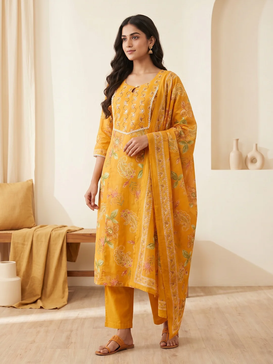 Mustard Pure Cotton Floral Printed Salwar Suit Set - Image 3