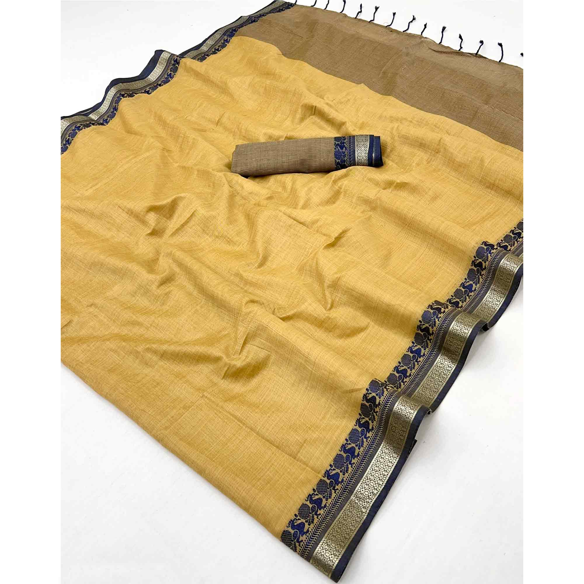 Mustard Pure Handloom Silk Saree with an Elegantly Woven Jacquard Border - Image 3