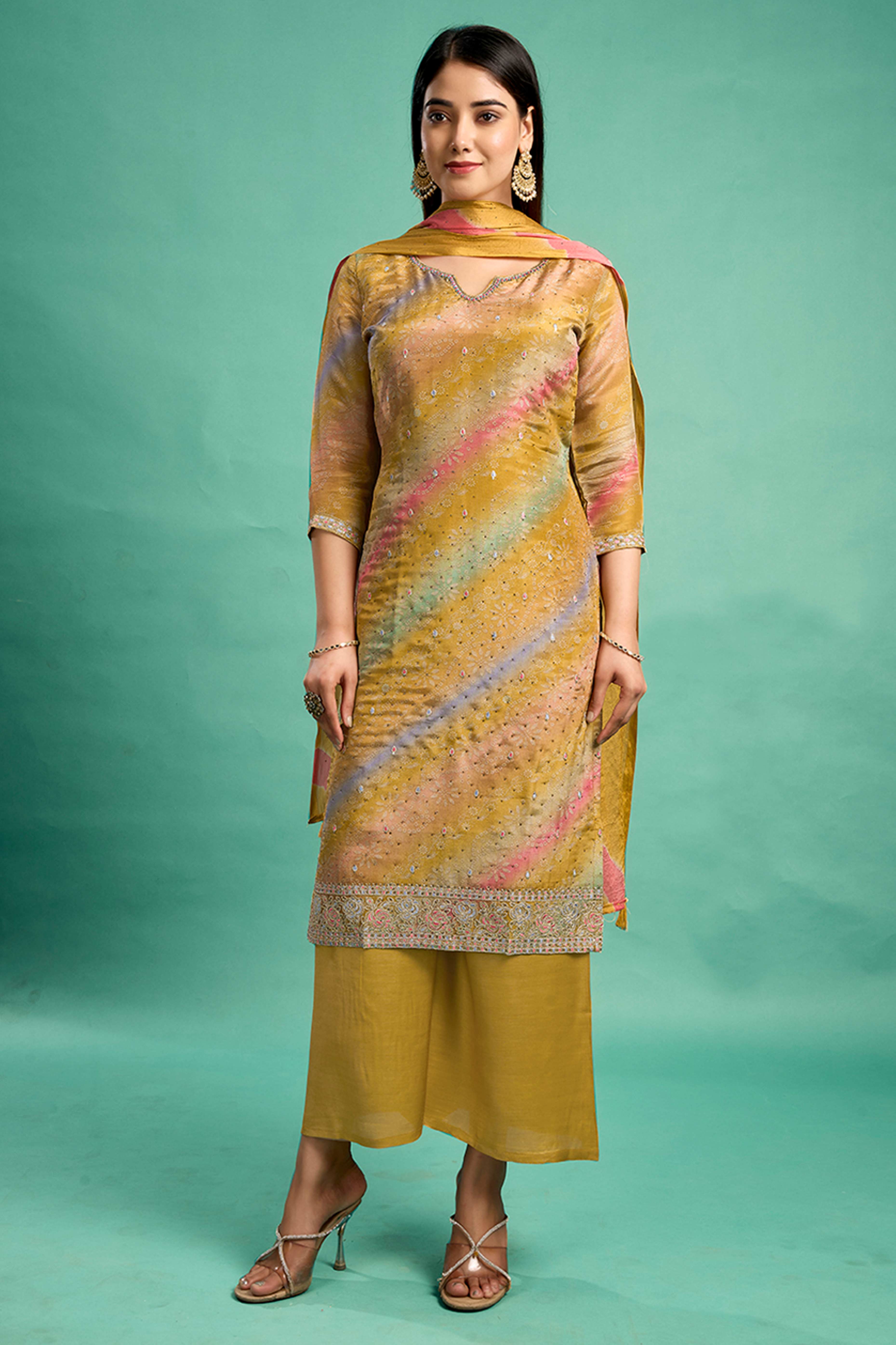 Mustard Pure Shimmer Straight Suit with Stone Embroidery - Image 4
