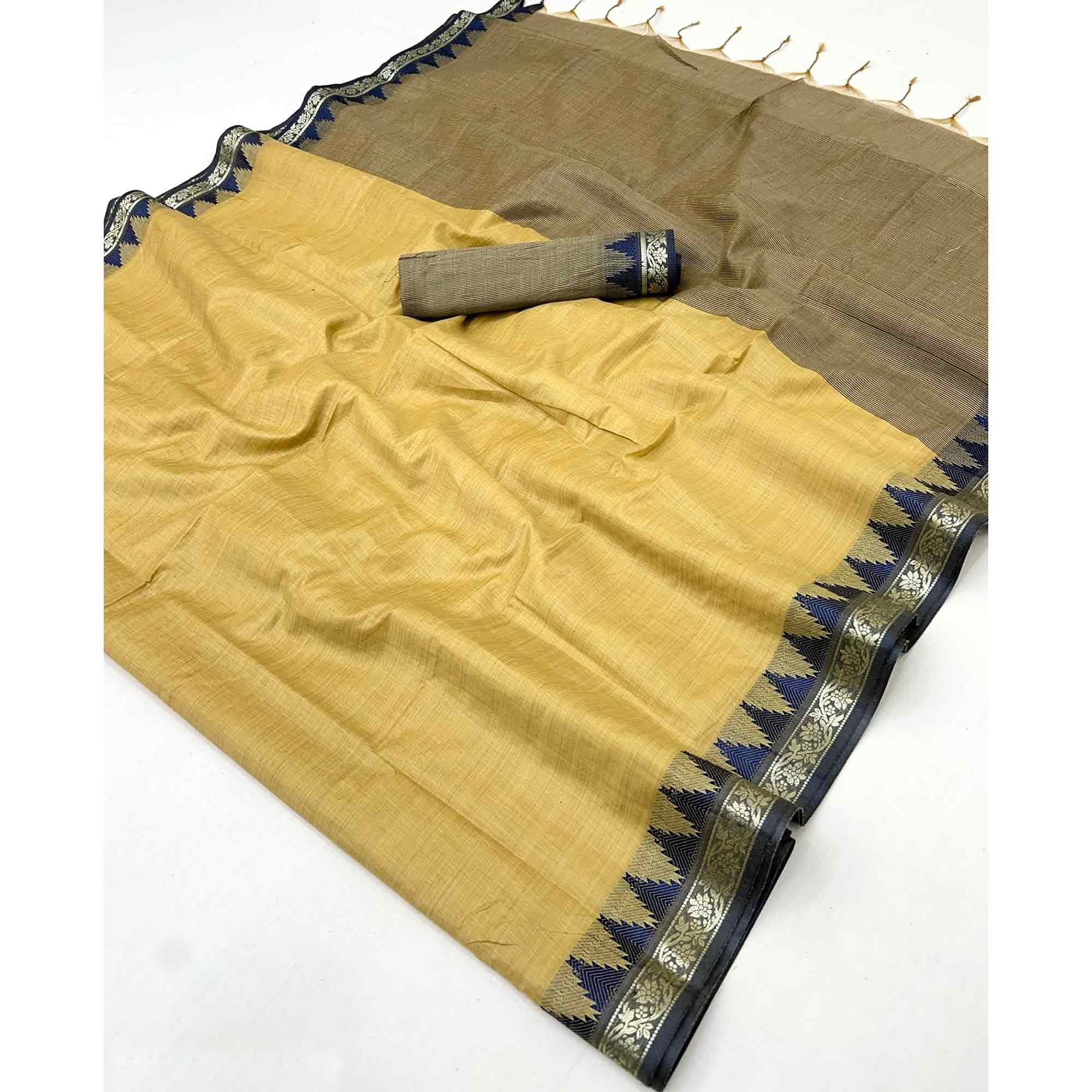 Mustard Pure Silk Handloom Saree with Intricate Jacquard Weave - Image 3