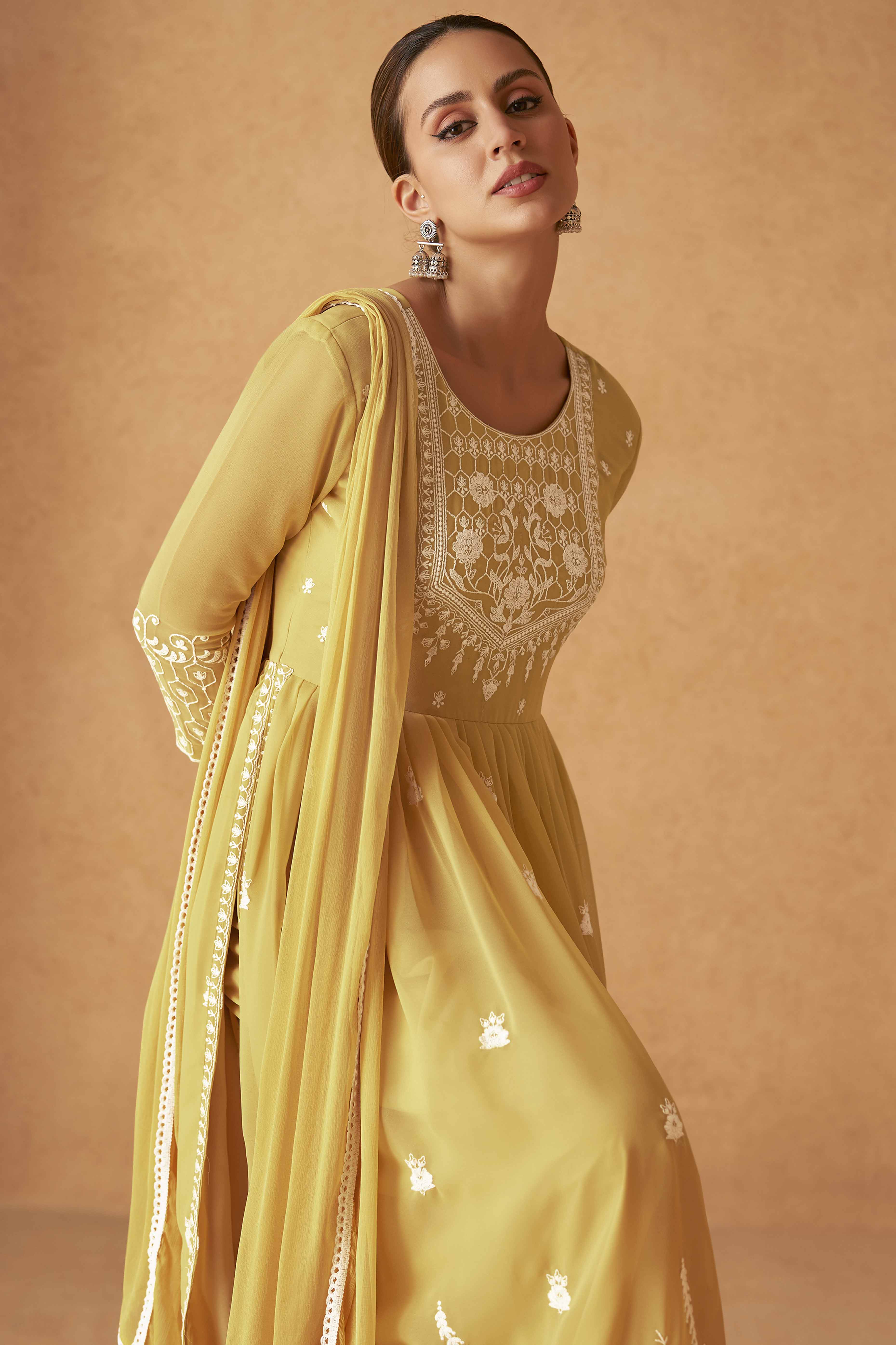 Mustard Rayon Palazzo Suit with Intricate Lucknowi Work - Image 2