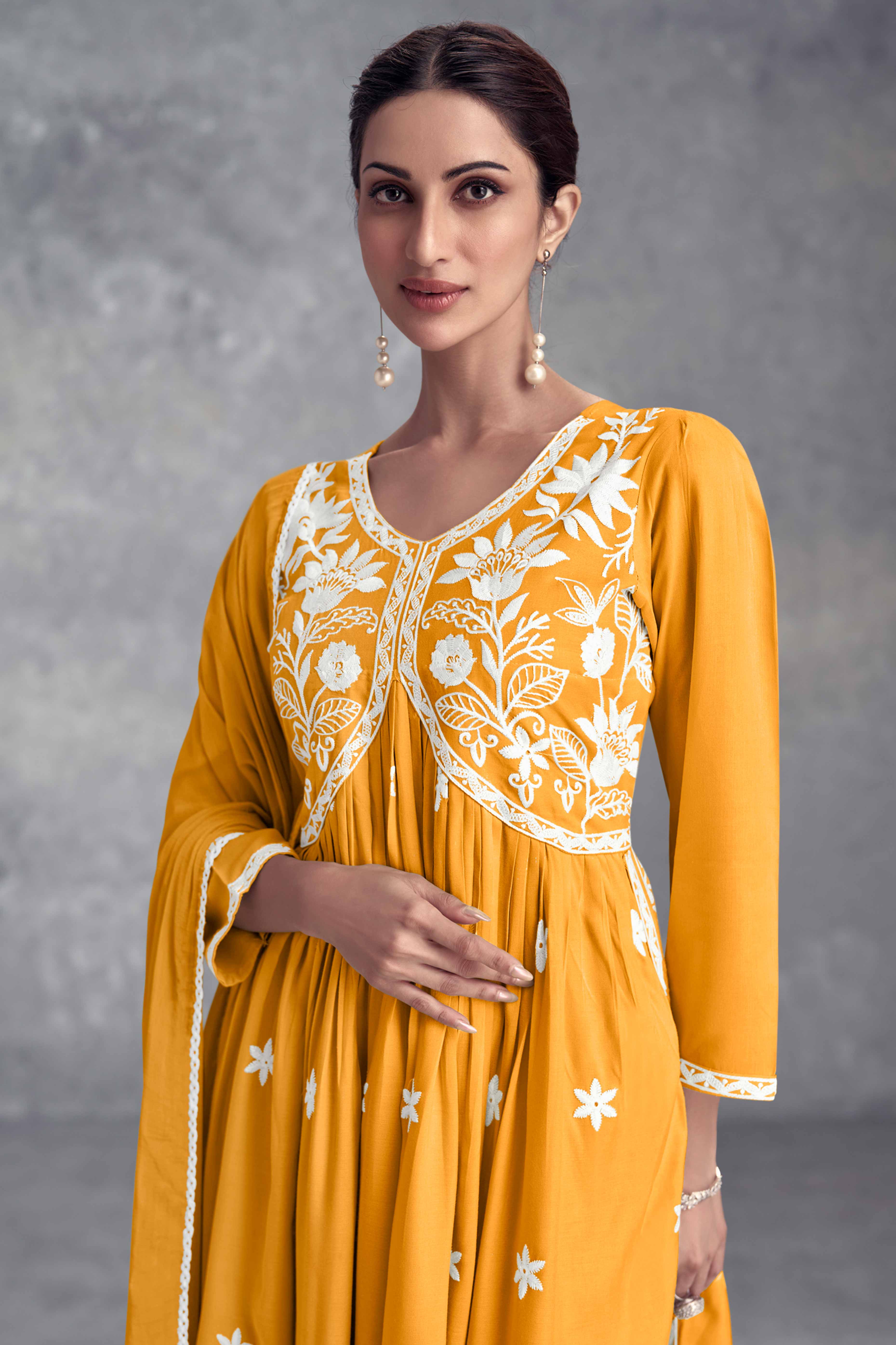 Mustard Rayon Salwar Suit Featuring Beautiful Floral Embroidery - Image 3