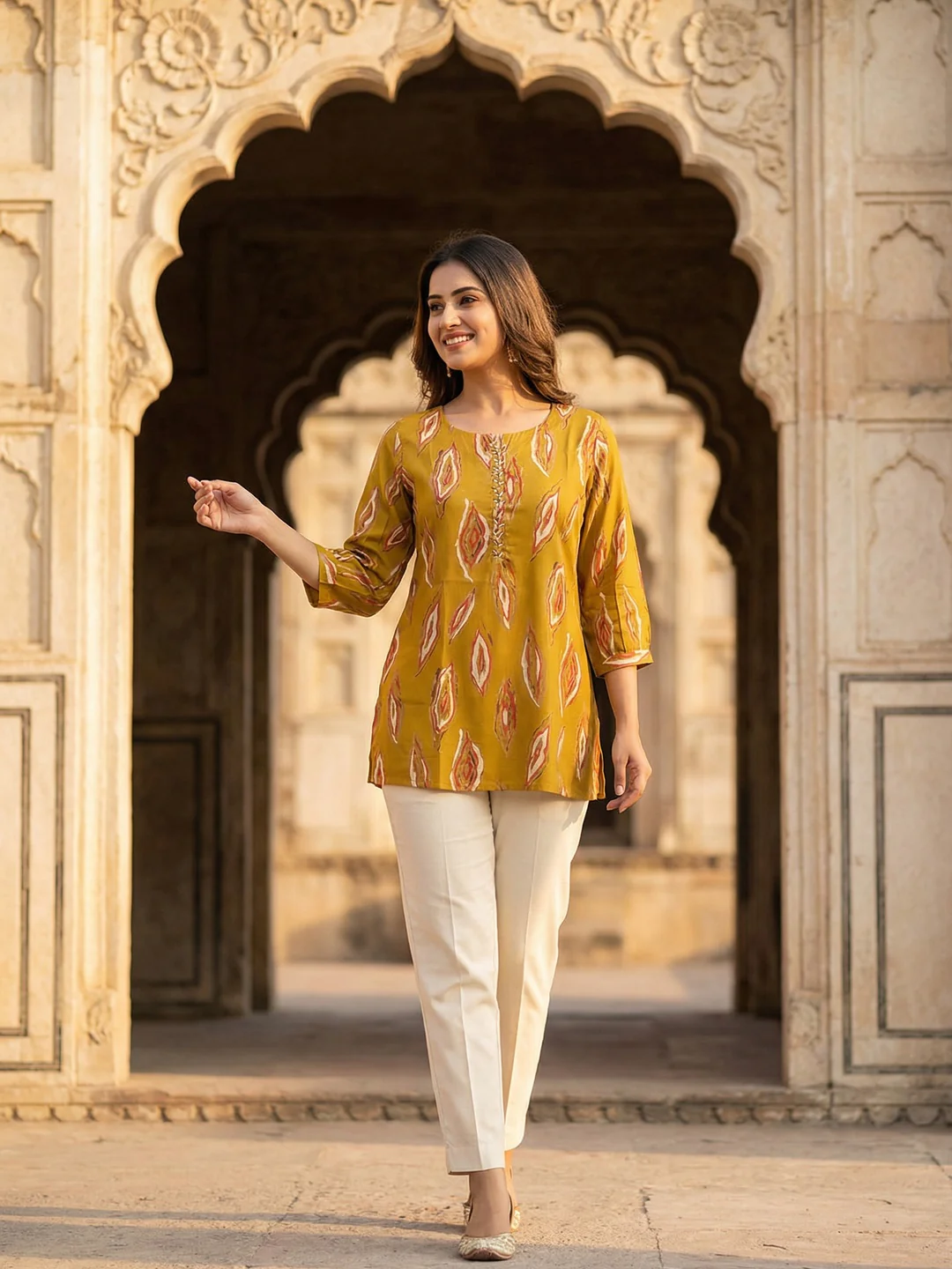 Mustard Rayon Top with Abstract Print with Smooth Texture and Relaxed Modern Styling