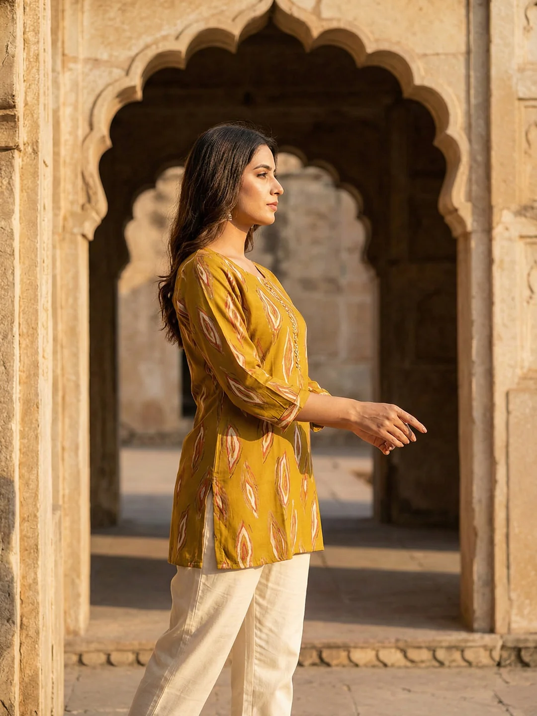 Mustard Rayon Top with Abstract Print with Smooth Texture and Relaxed Modern Styling - Image 4