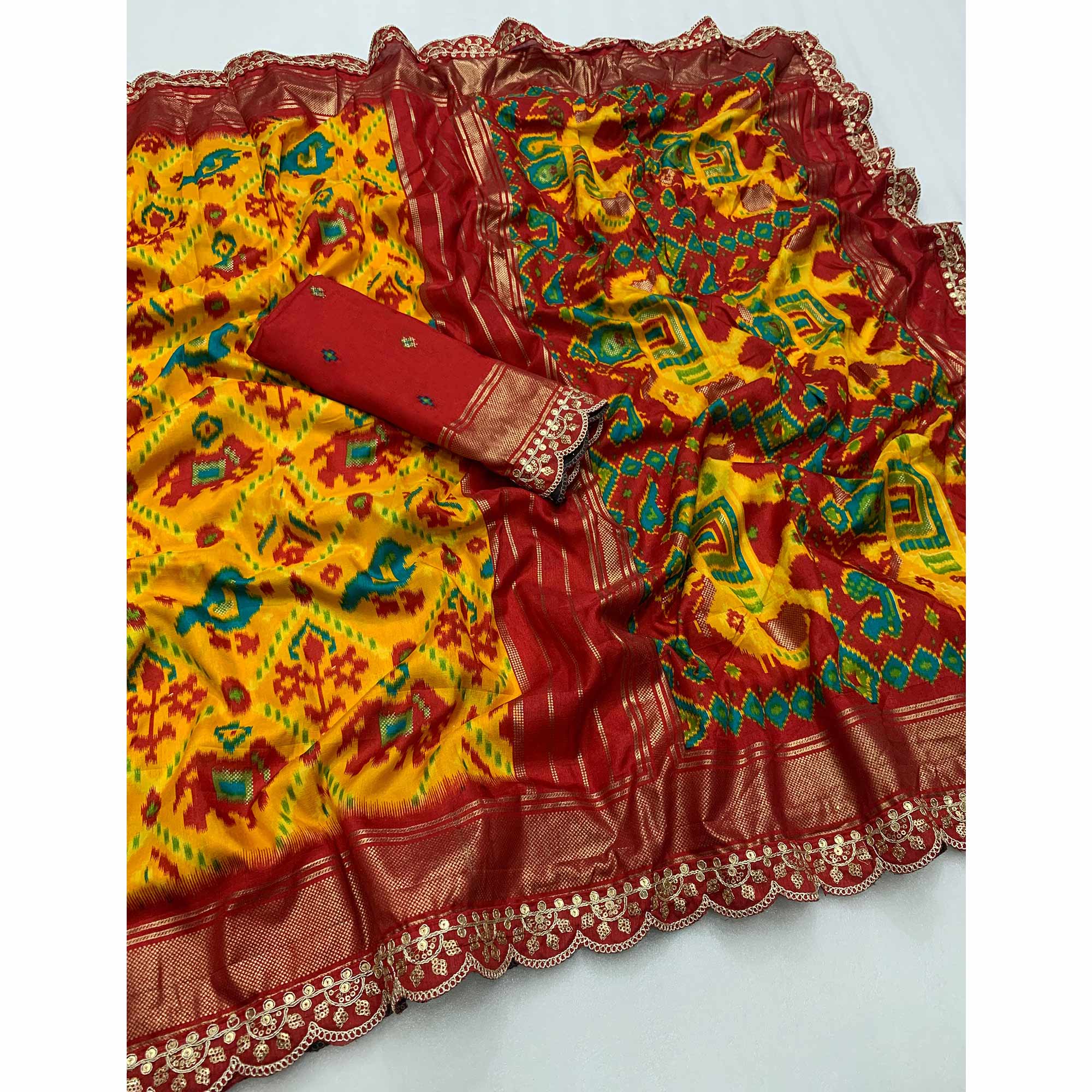 Mustard & Red Ikkat Printed Dola Silk Saree With Sequins Embroidery Border - Image 3