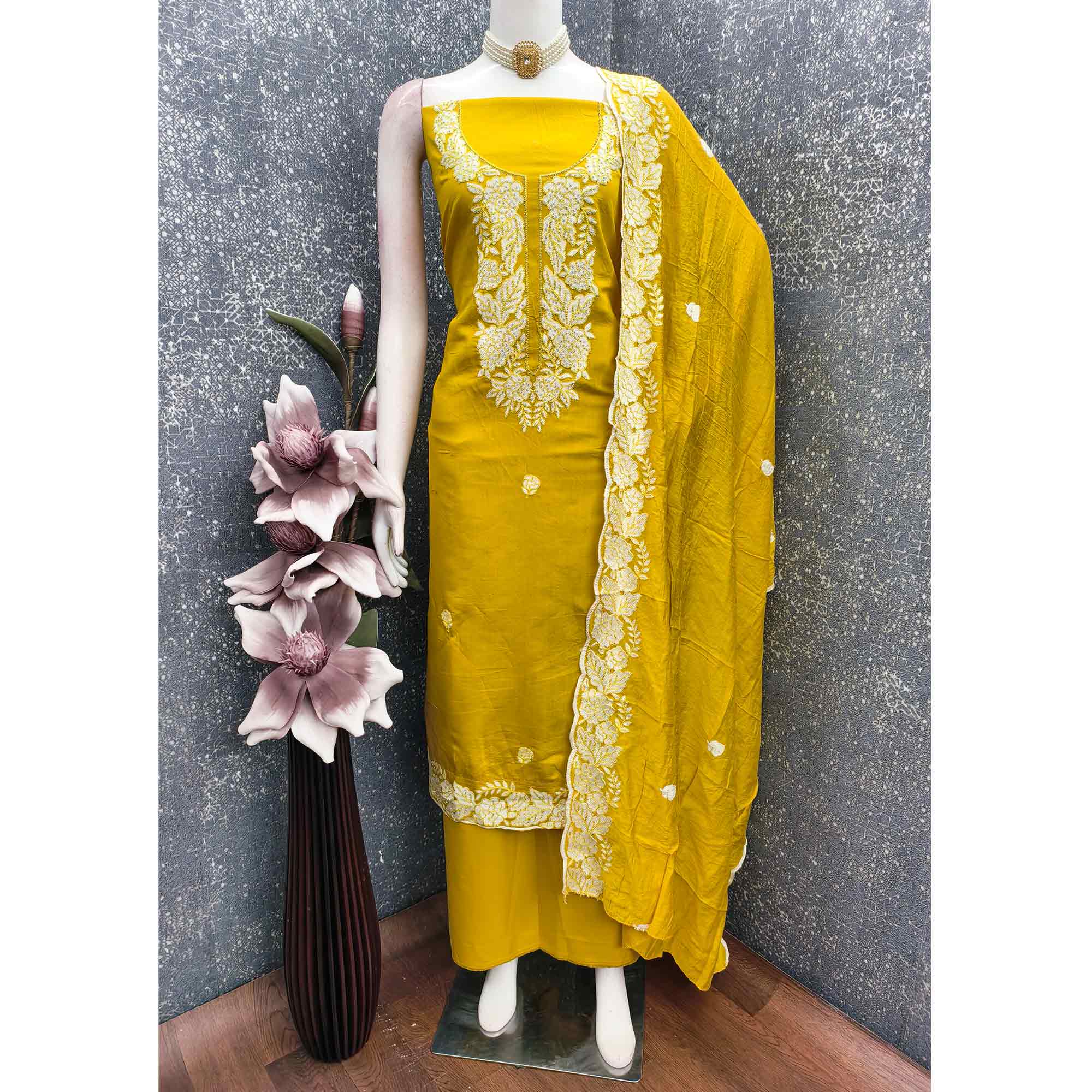 Mustard Rich Viscose Dress Material Highlighted with Refined Floral Thread Embroidery - Image 3