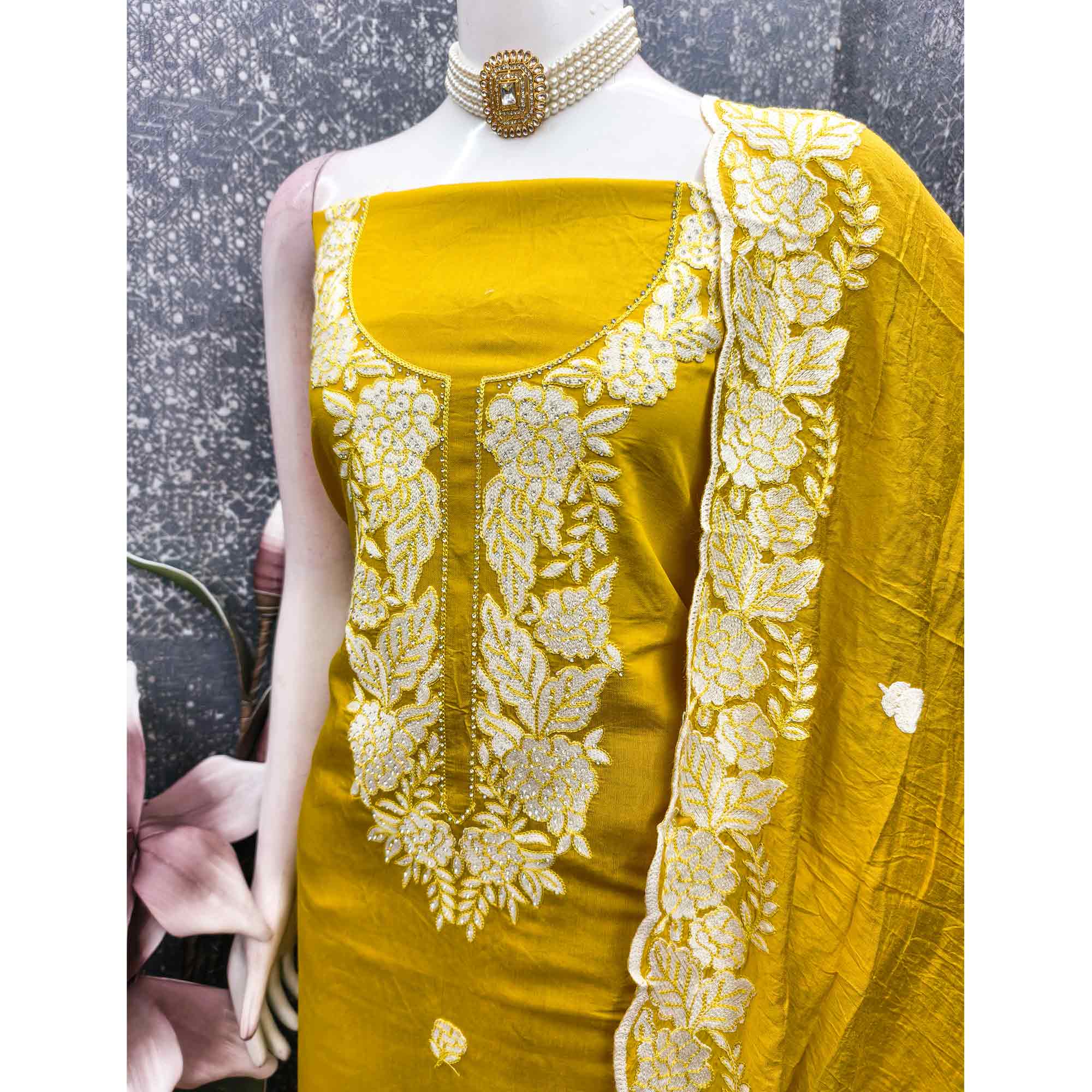 Mustard Rich Viscose Dress Material Highlighted with Refined Floral Thread Embroidery - Image 4