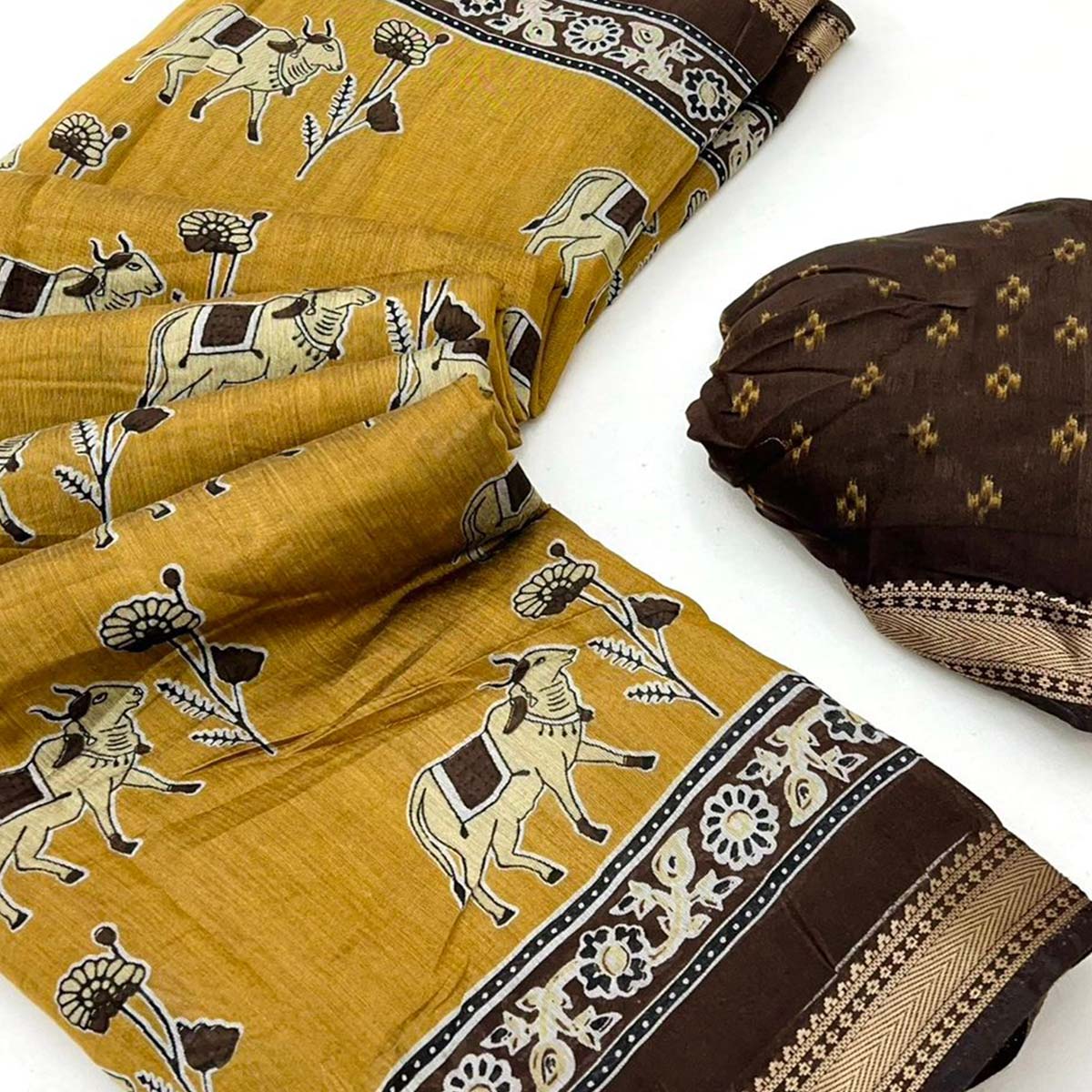 Mustard Rustic Handblock Folk Printed Mulmul Cotton Saree - Image 2
