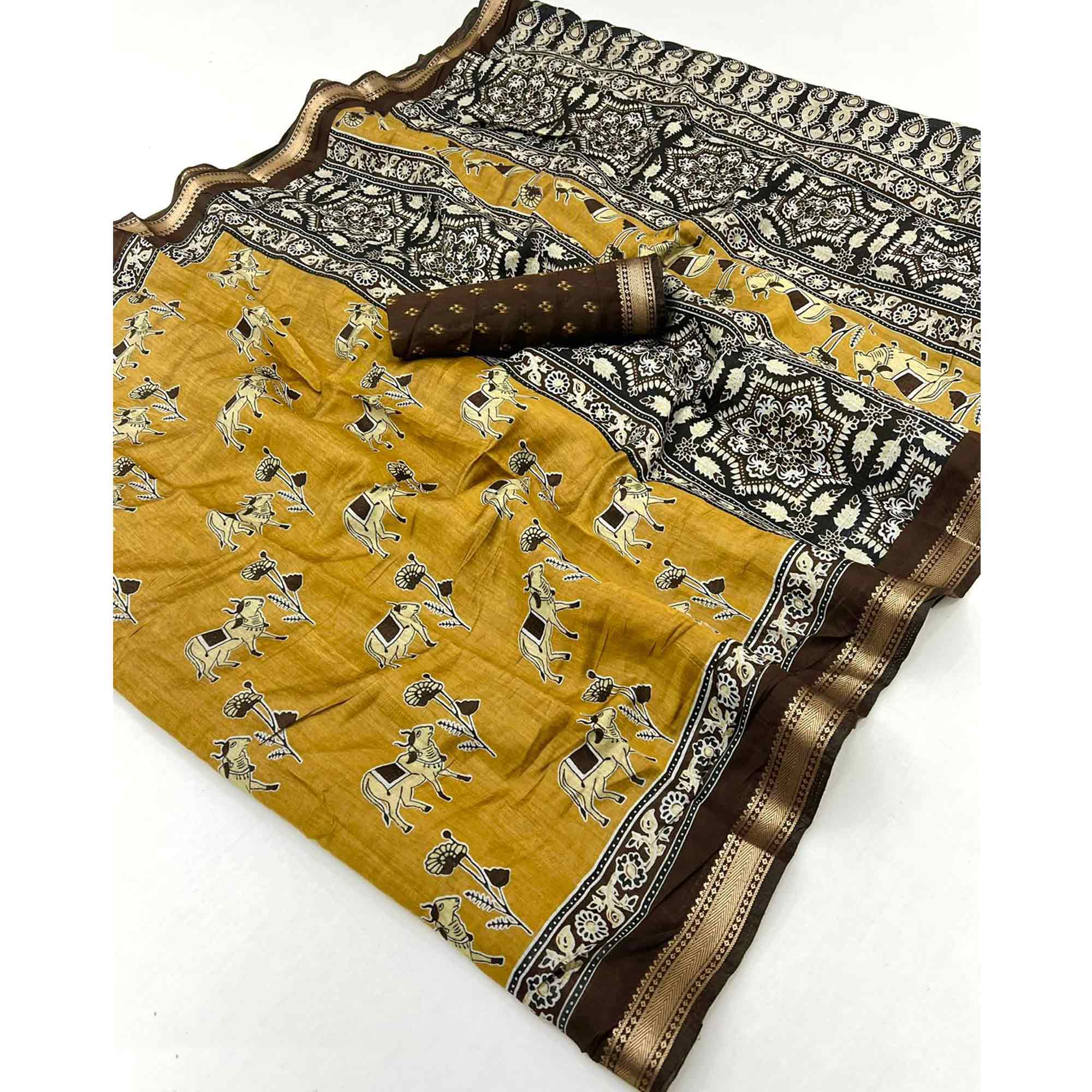 Mustard Rustic Handblock Folk Printed Mulmul Cotton Saree - Image 3