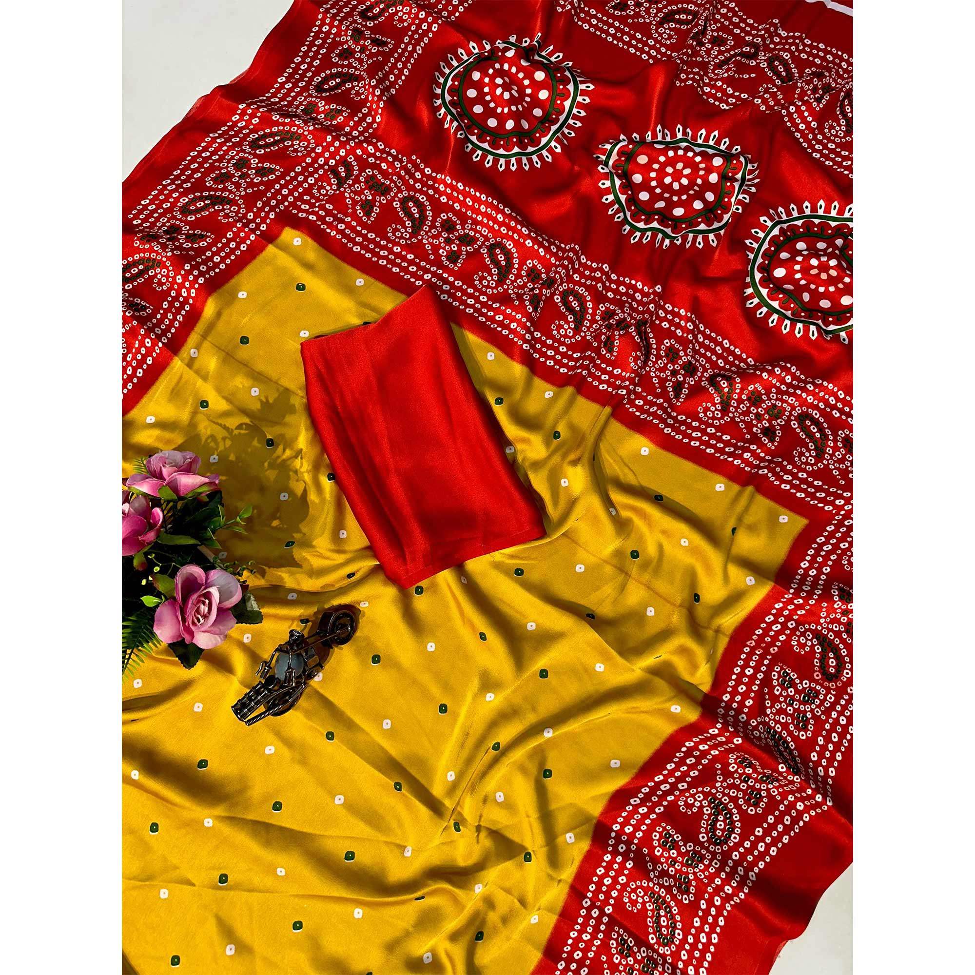 Mustard Satin Crepe Saree Showcasing Timeless Bandhani Print - Image 3