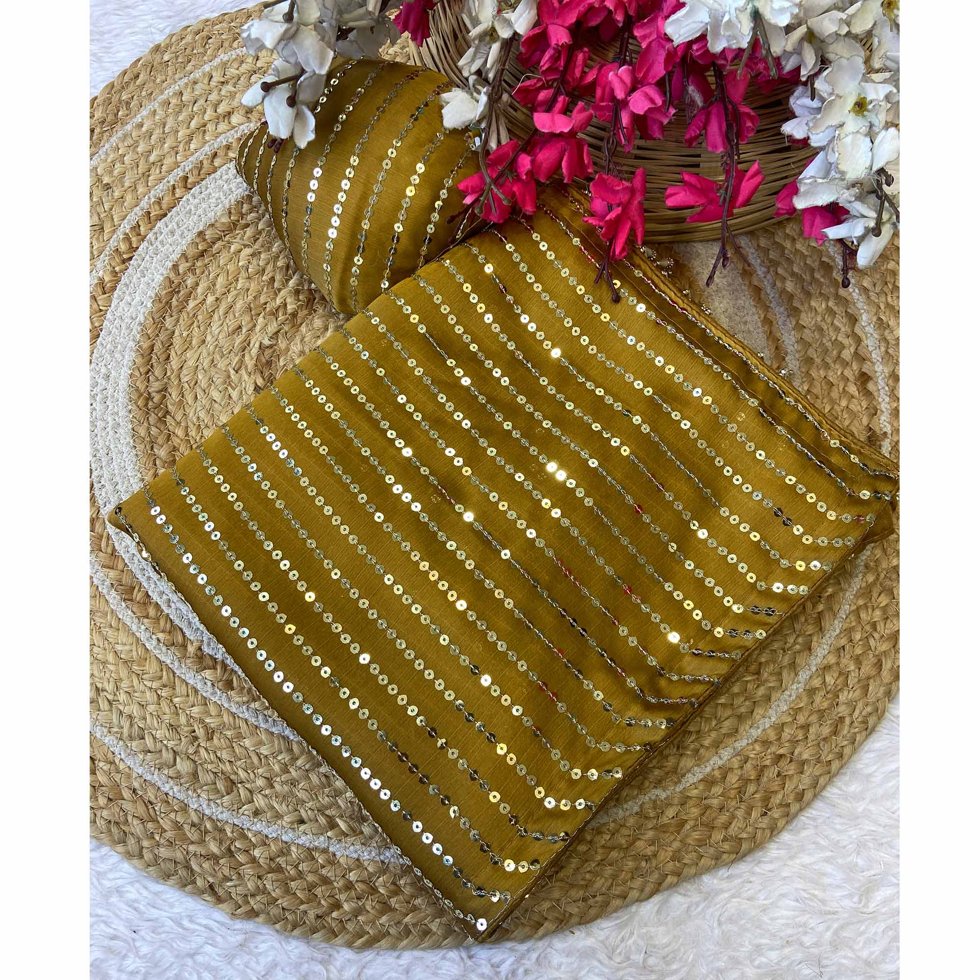 Mustard Satin Saree With Shimmering Striped Sequins Embroidered Detailing - Image 3