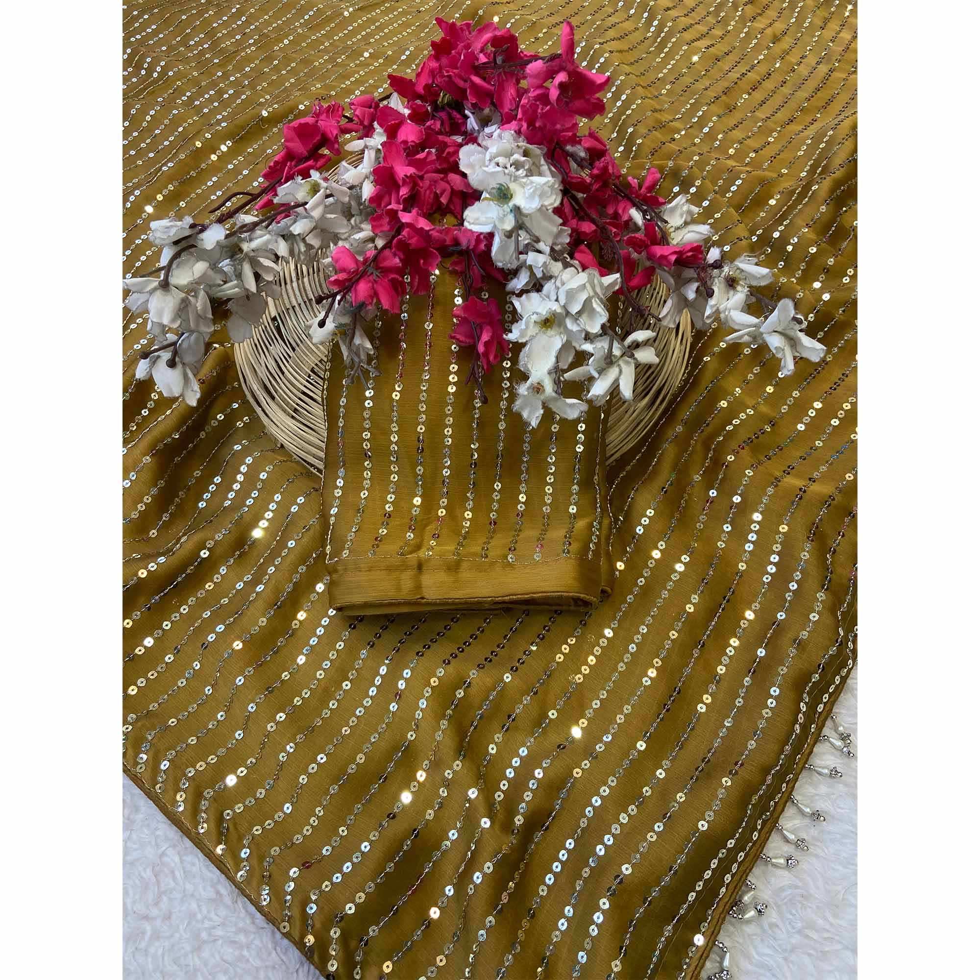 Mustard Satin Saree With Shimmering Striped Sequins Embroidered Detailing - Image 4