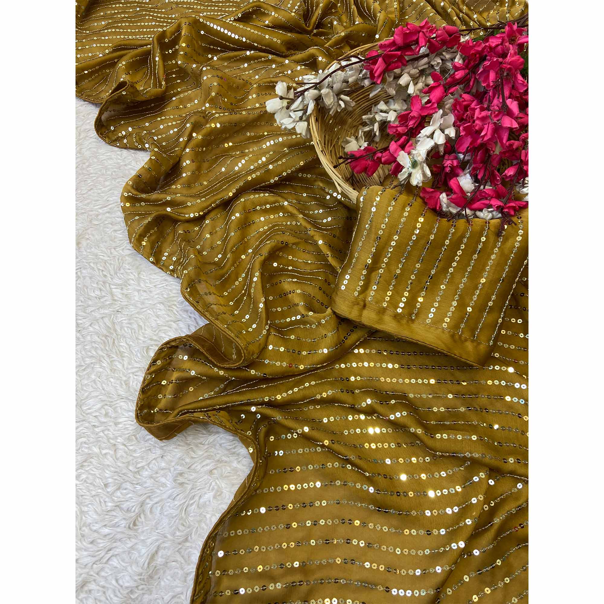 Mustard Satin Saree With Shimmering Striped Sequins Embroidered Detailing - Image 5