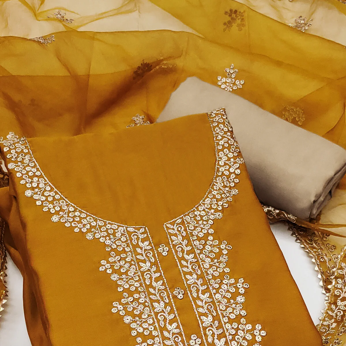 Mustard Sequins Embroidered Cotton Silk Dress Material - Image 2