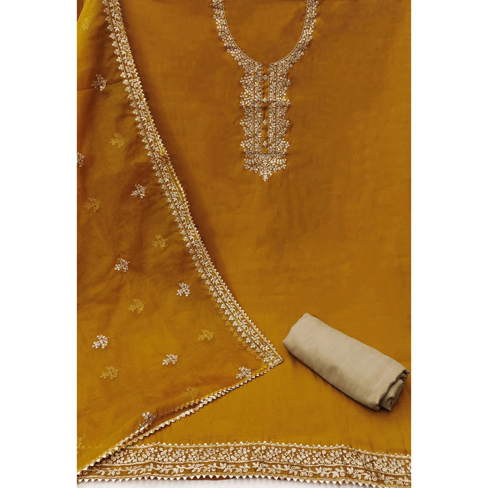 Mustard Sequins Embroidered Cotton Silk Dress Material - Image 4
