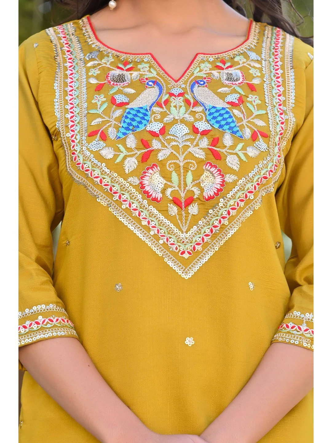 Mustard Sequins Embroidered Viscose Salwar Suit - Image 9