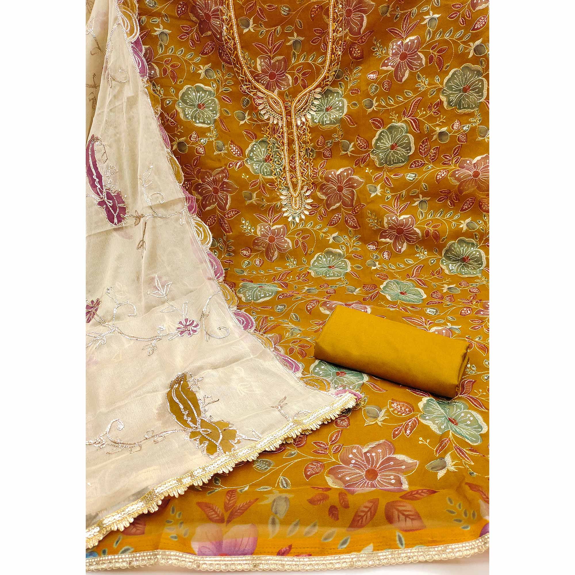 Mustard Sequins Embroidery With Handwork Organza Dress Material - Image 4