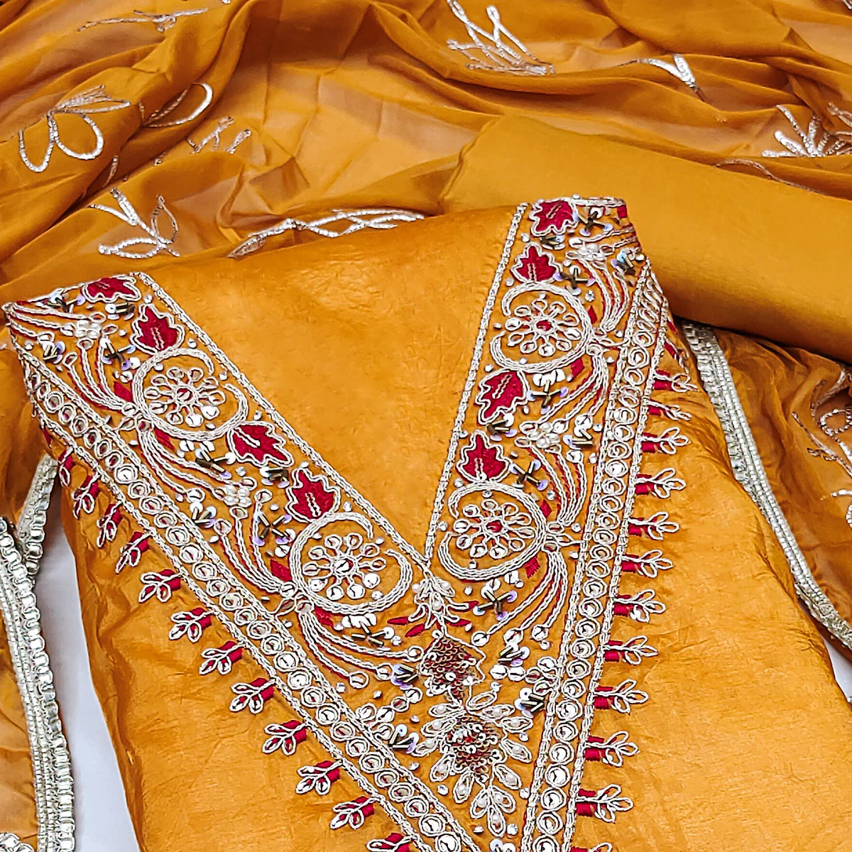 Mustard Sequins Embroidery With Handwork Viscose Golden Crush Dress Material - Image 2