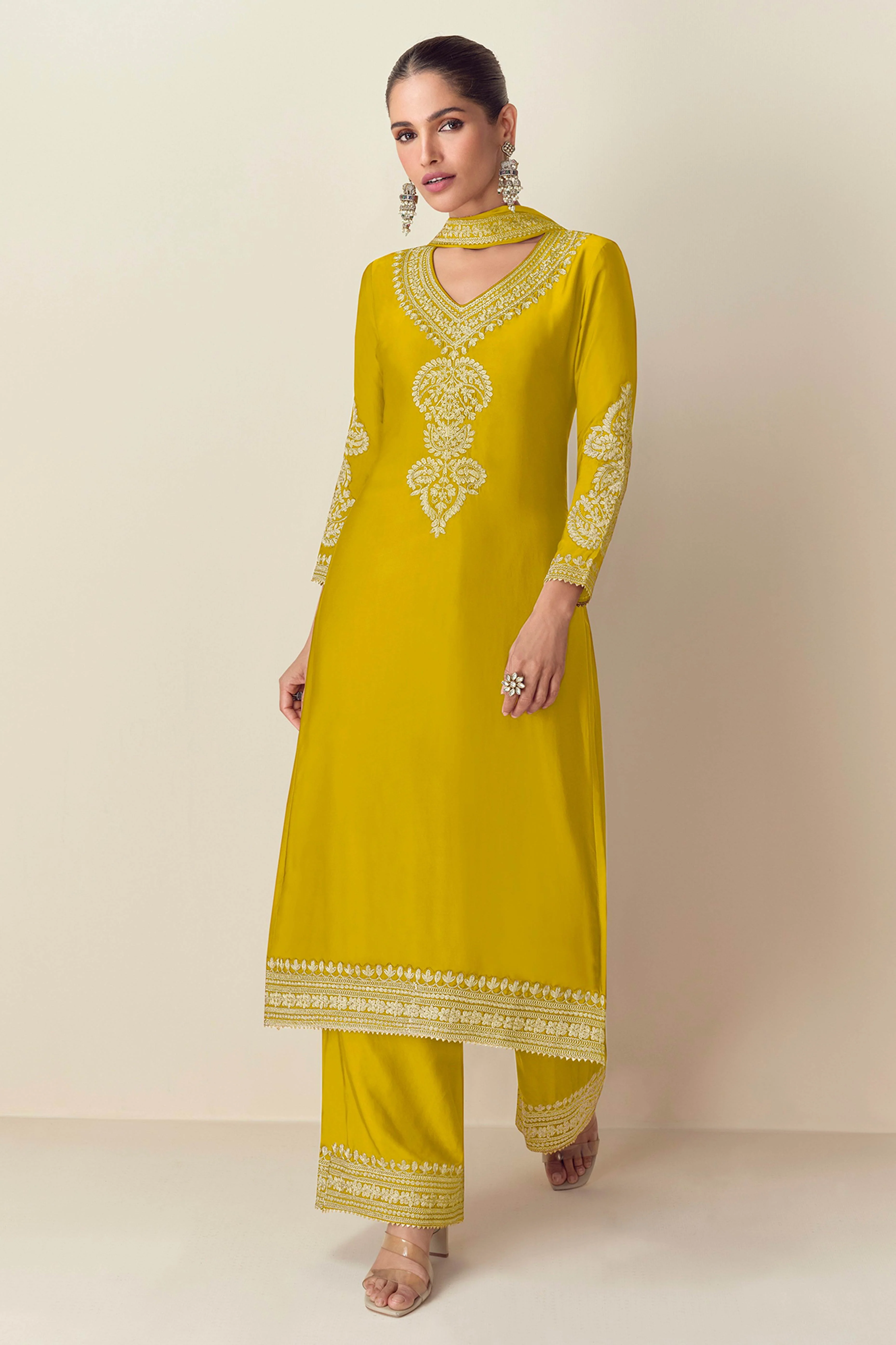 Exquisite Mustard Sequins Floral Embroidered Chinon Semi-Stitched Salwar Suit