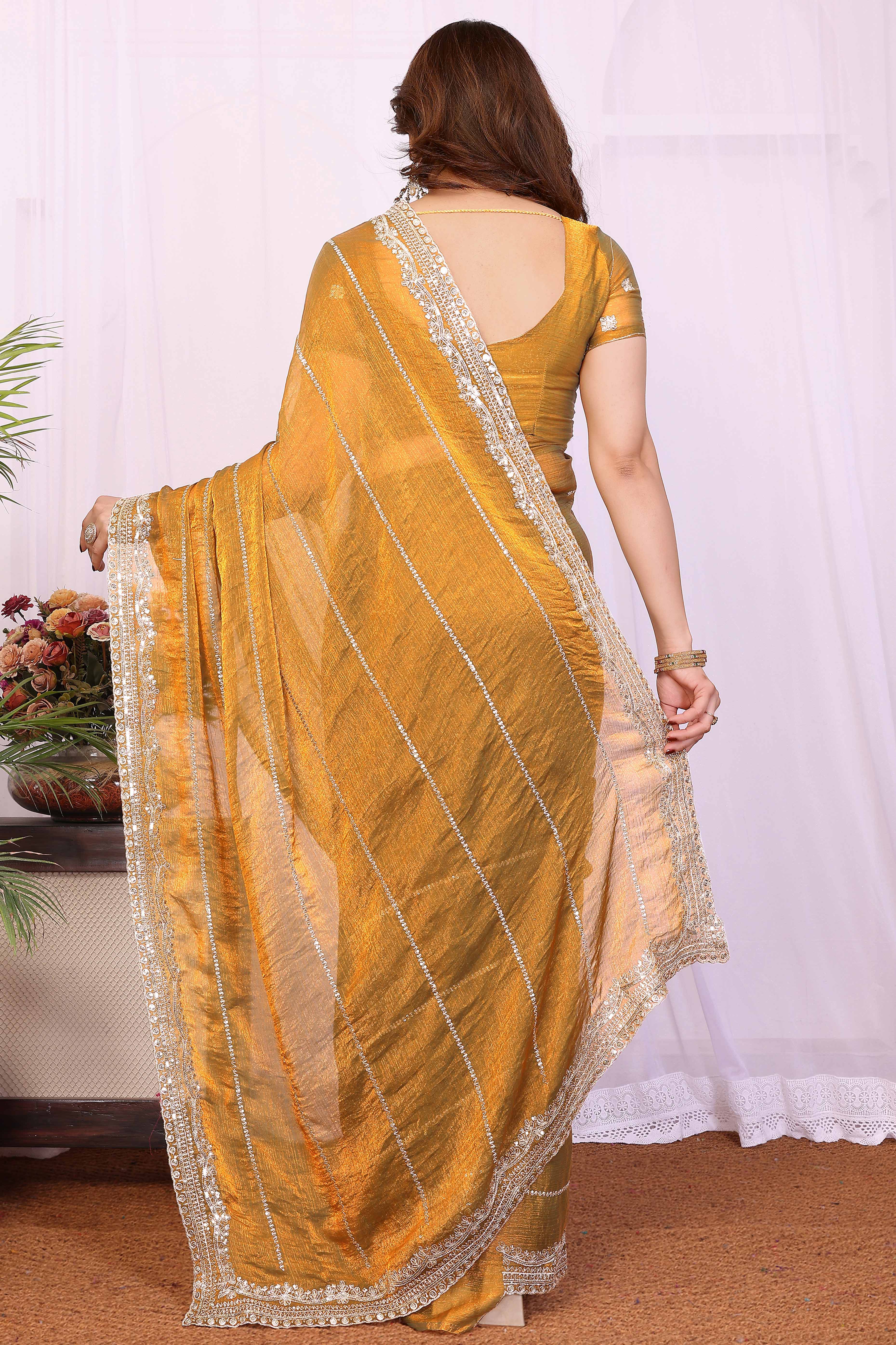 Mustard Sequins Work Embroidered Chiffon Saree Glamorous Partywear with Sparkling Detailing - Image 5