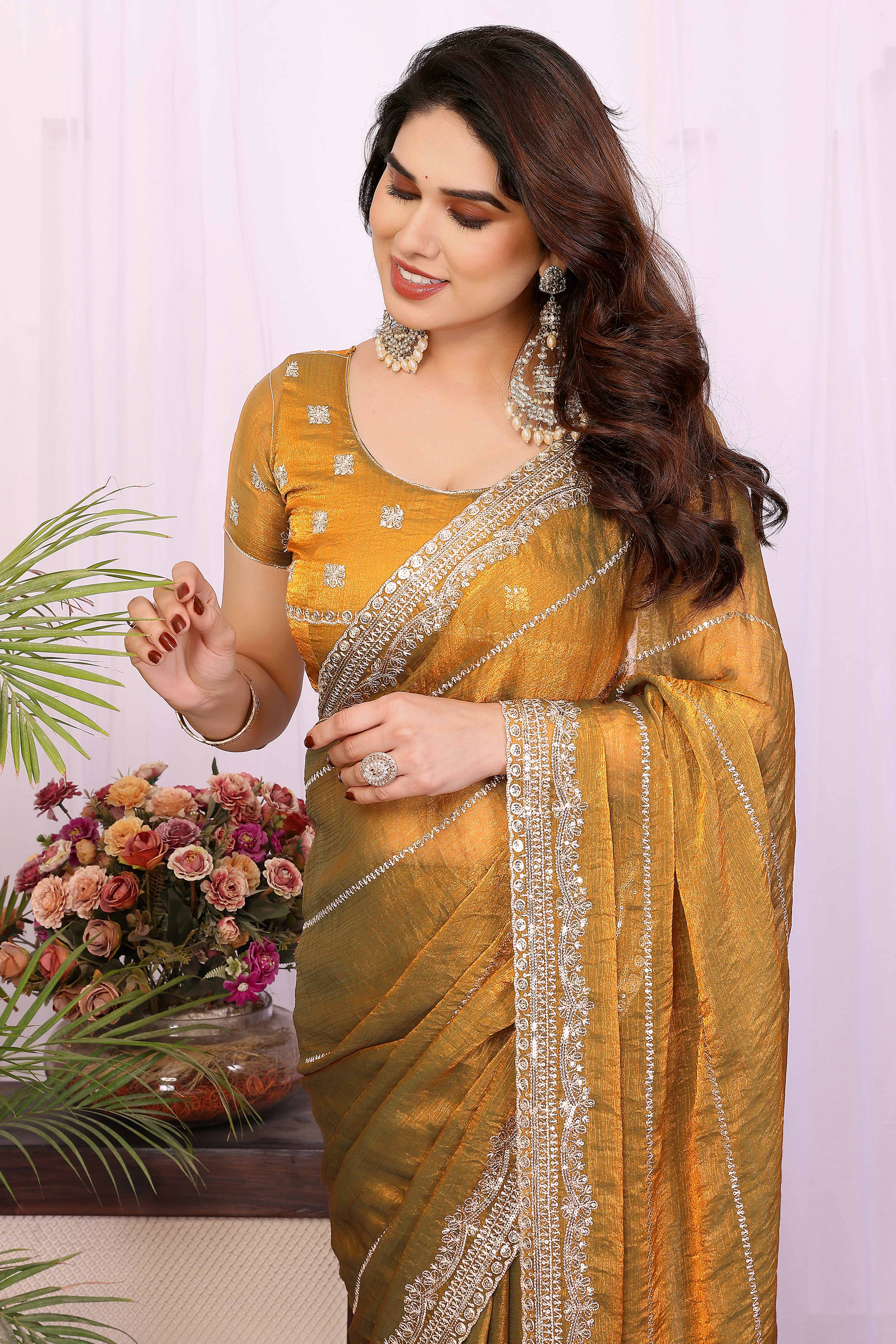 Mustard Sequins Work Embroidered Chiffon Saree Glamorous Partywear with Sparkling Detailing - Image 6