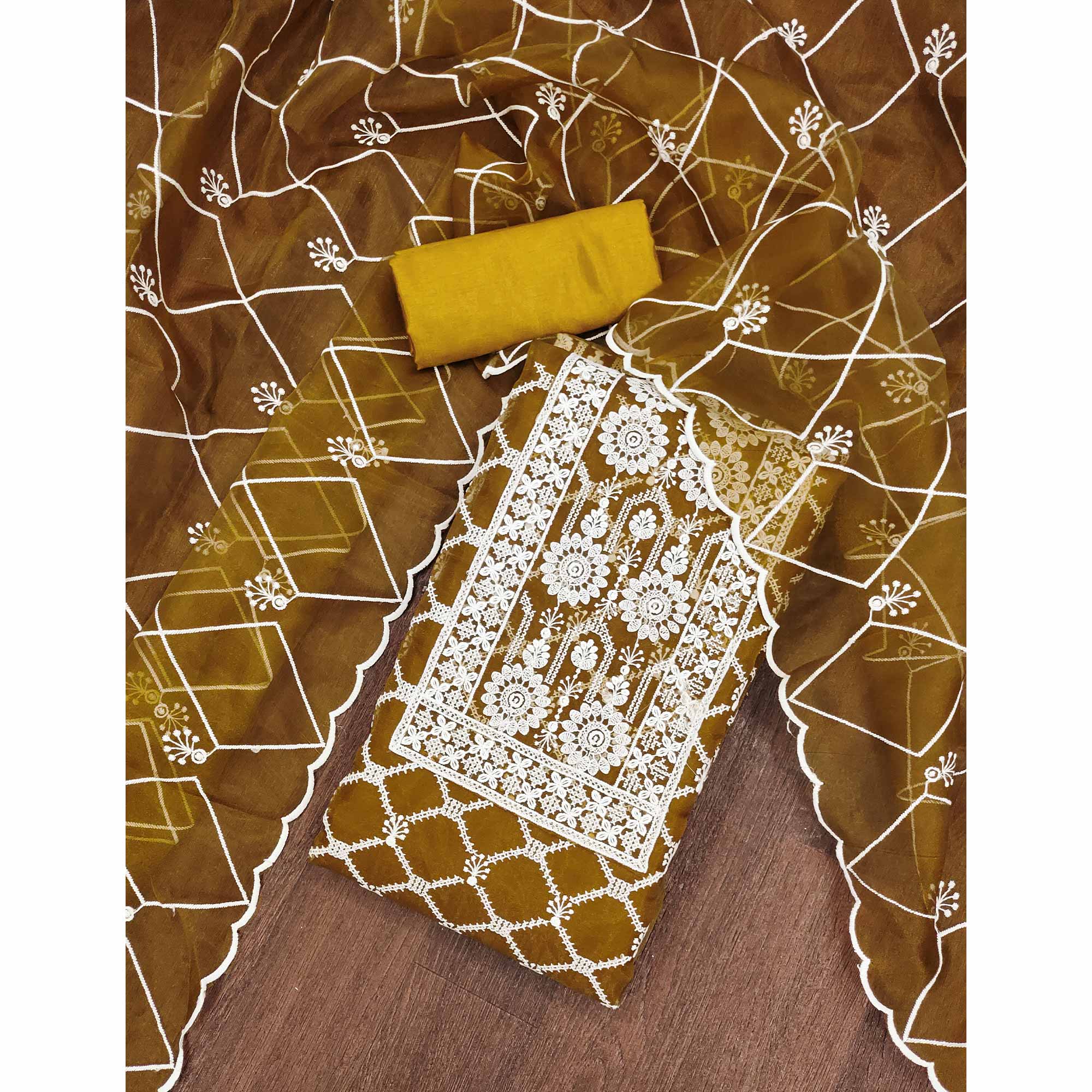 Mustard Sheer Organza Suit Material with Floral Embroidery Detailing - Image 3