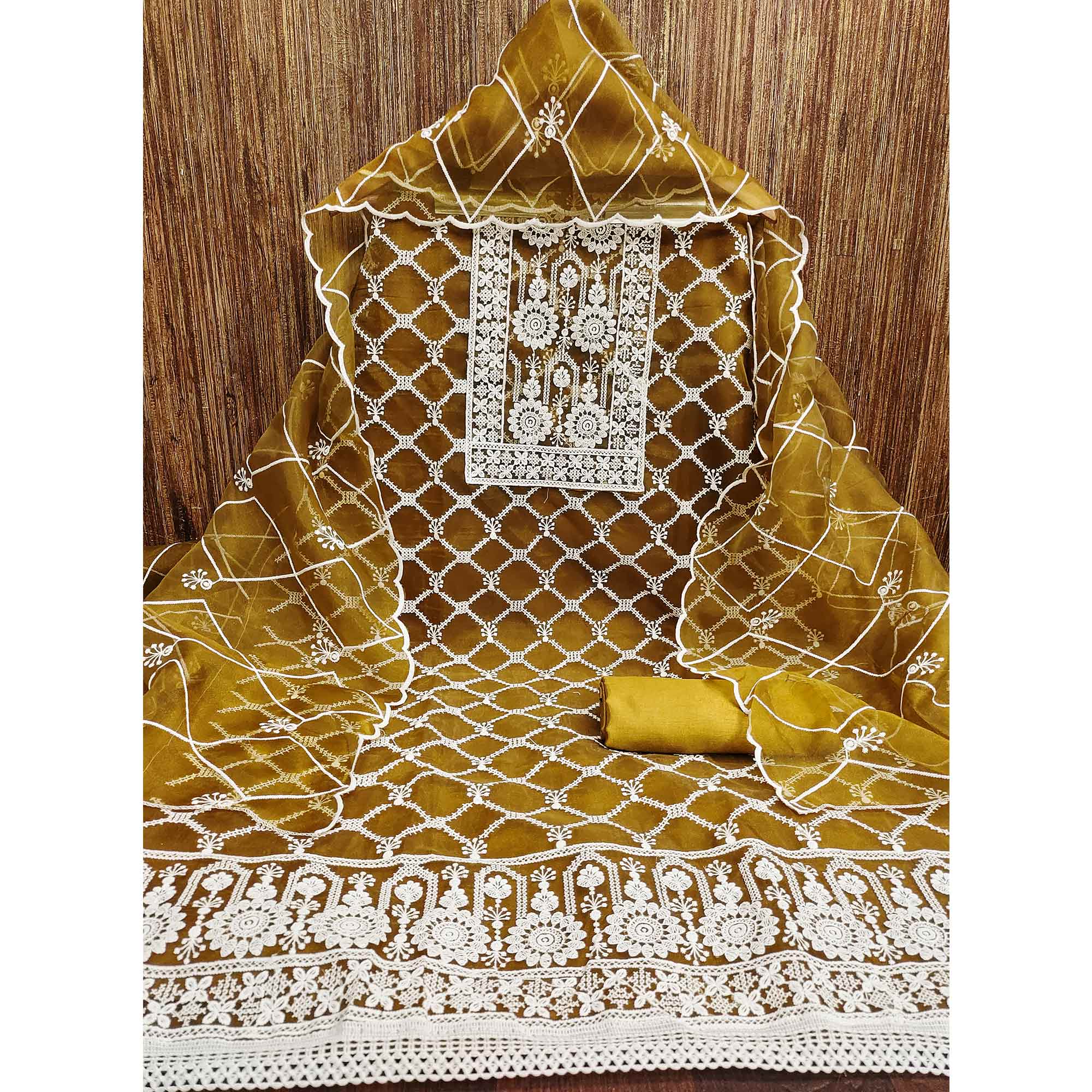 Mustard Sheer Organza Suit Material with Floral Embroidery Detailing - Image 4