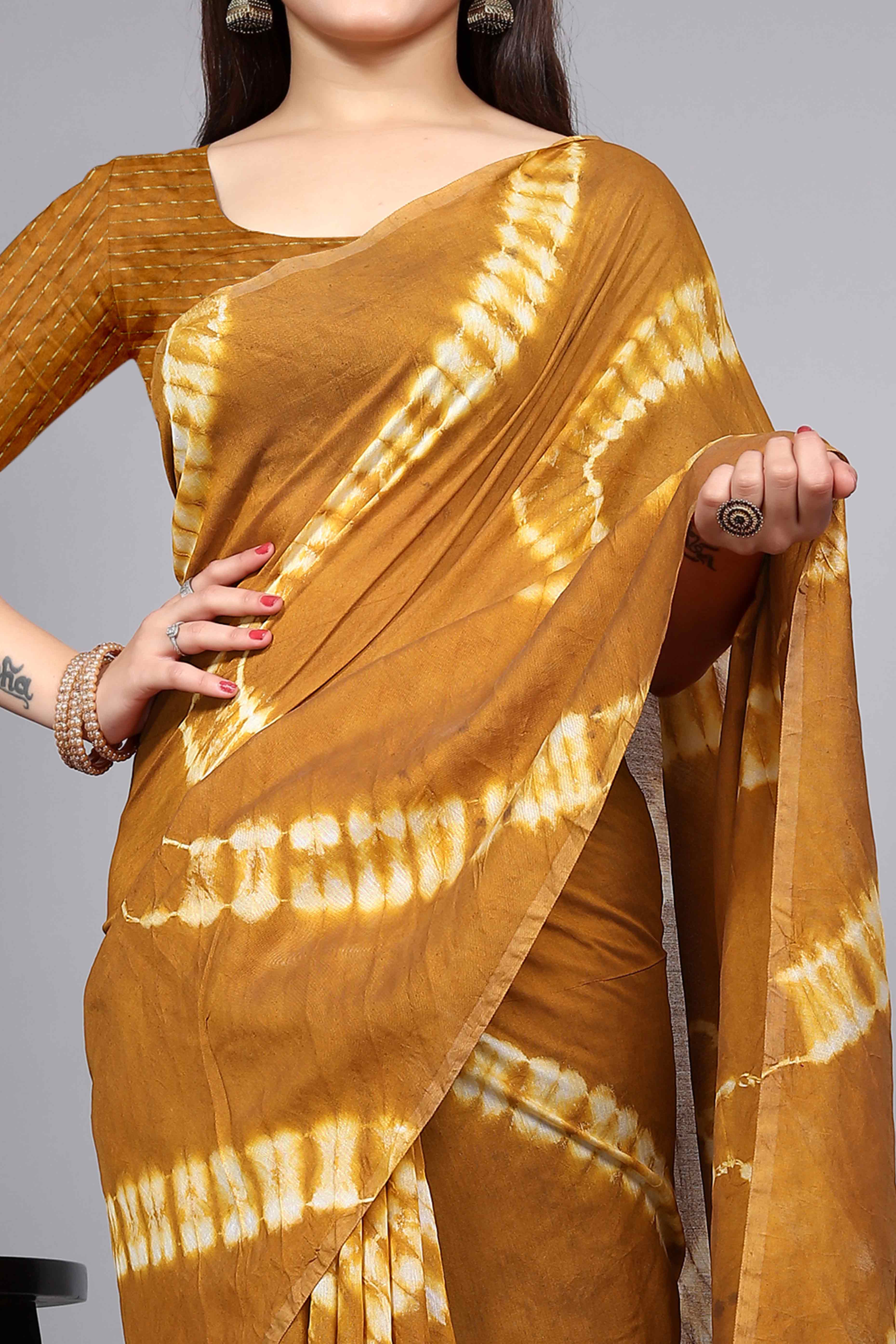 Mustard Shibori Leheriya Printed Chanderi Cotton Silk Lagdi Patta Saree - Image 2