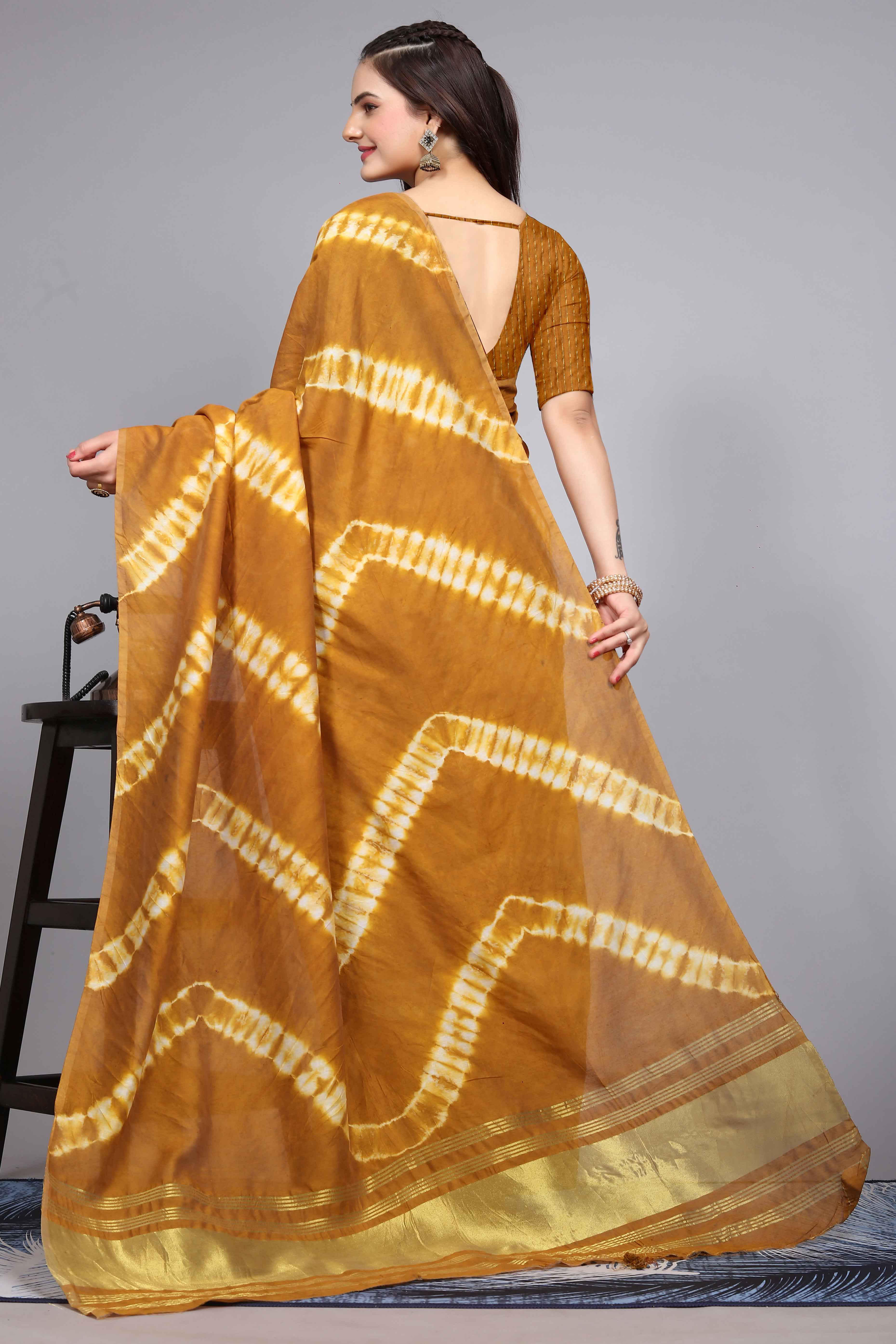 Mustard Shibori Leheriya Printed Chanderi Cotton Silk Lagdi Patta Saree - Image 6