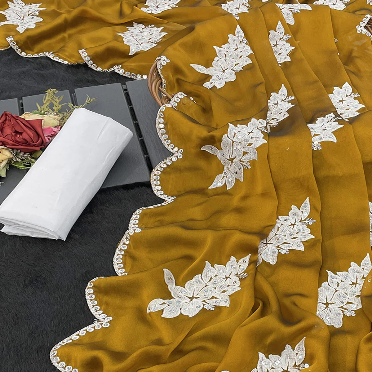 Mustard Silk Blend Saree with Embroidered Floral Design in Sequins & Thread - Image 2
