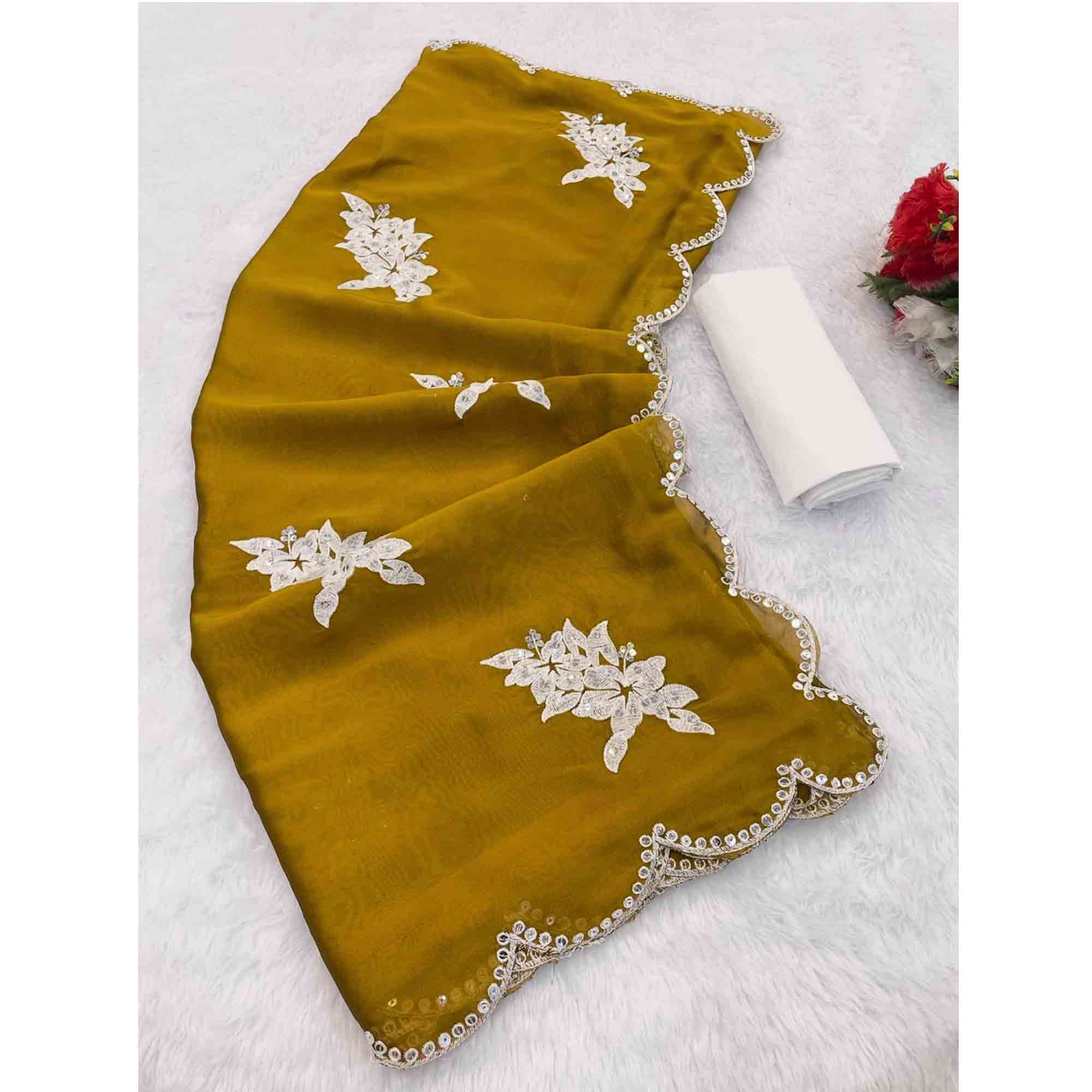 Mustard Silk Blend Saree with Embroidered Floral Design in Sequins & Thread - Image 3